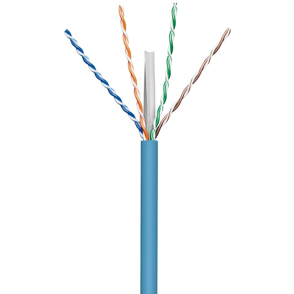 Un cavo blu con diversi fili colorati che sporgono, su sfondo bianco.