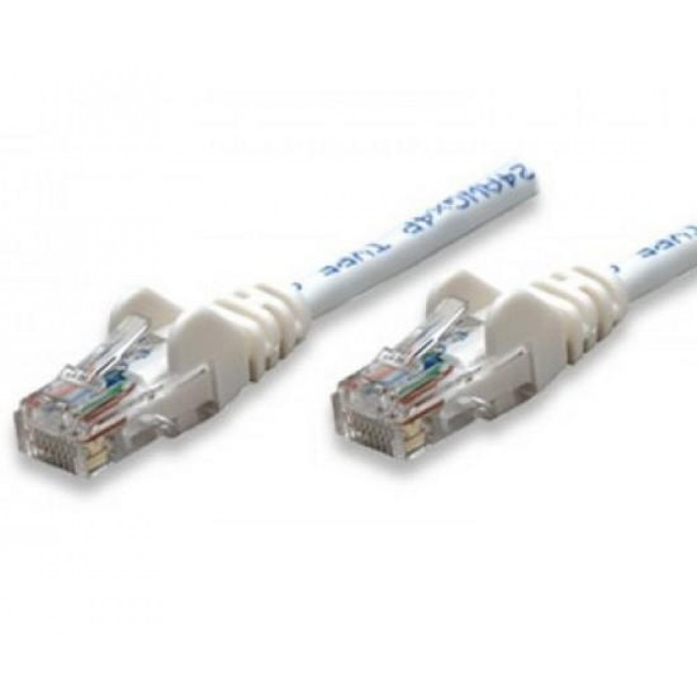 Due cavi Ethernet bianchi con connettori trasparenti su bianco.