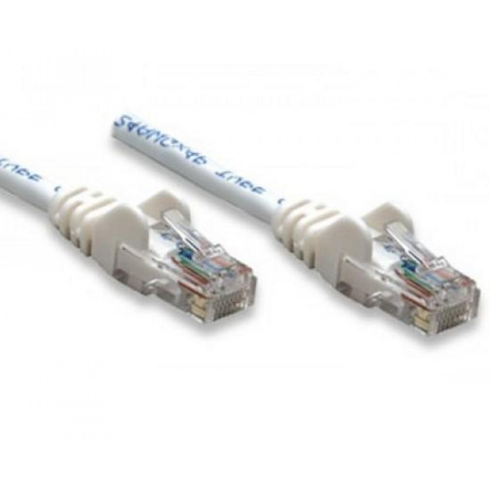 Due cavi Ethernet bianchi con connettori trasparenti, isolati su sfondo bianco.