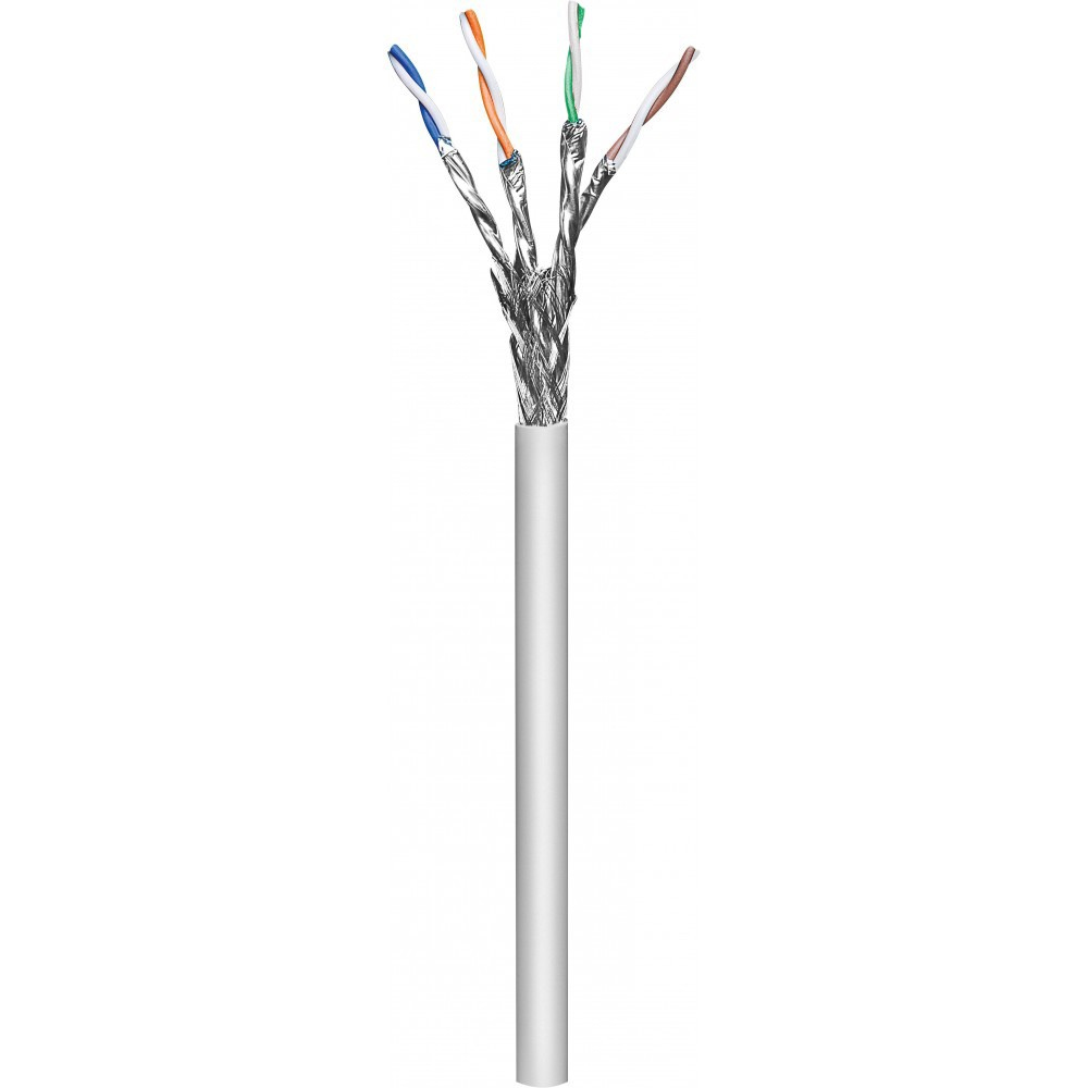 Un cavo Ethernet bianco con fili colorati separati su sfondo bianco.