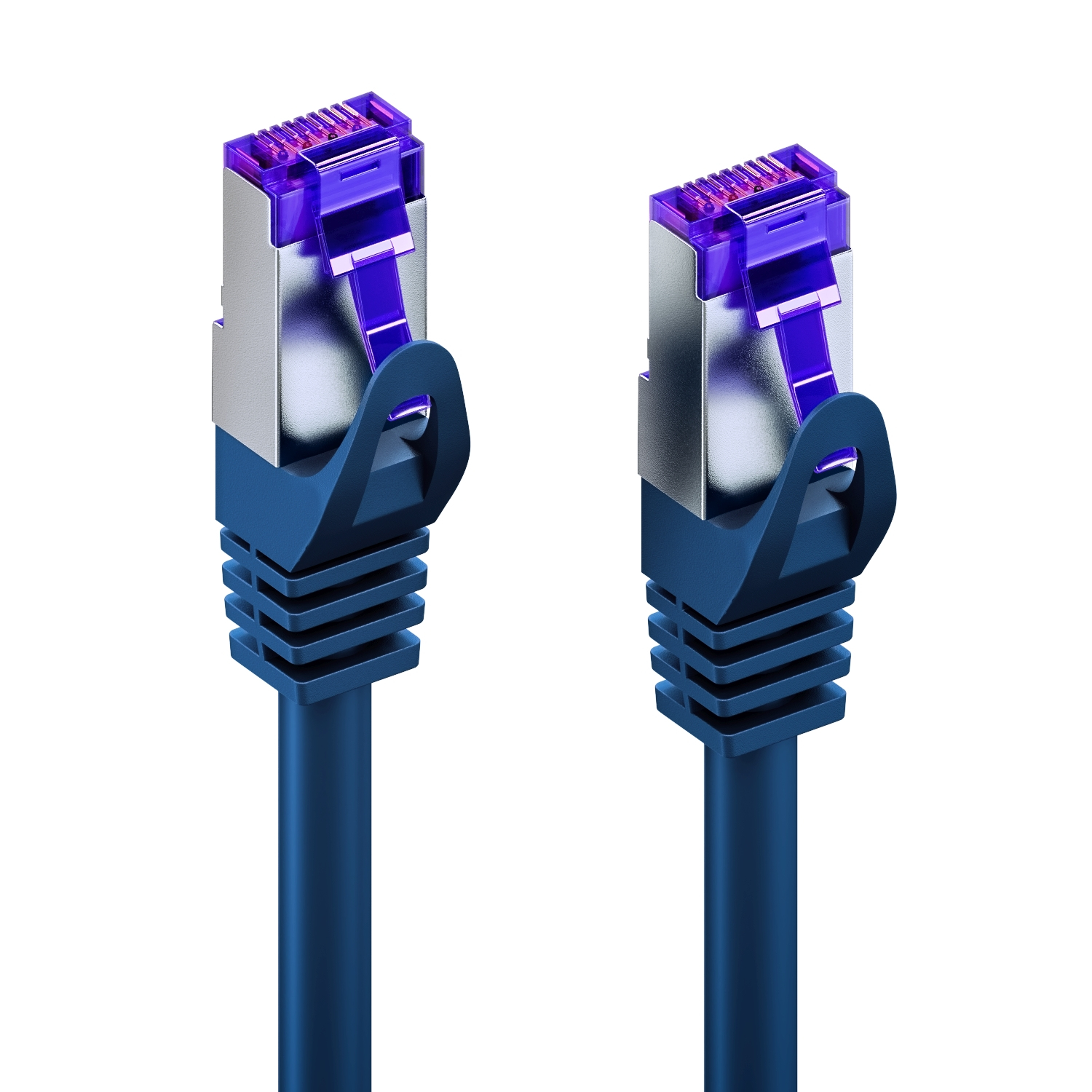 Zwei blaue Netzwerkkabel mit blauen Steckern. Die Stecker haben lila Lichter.