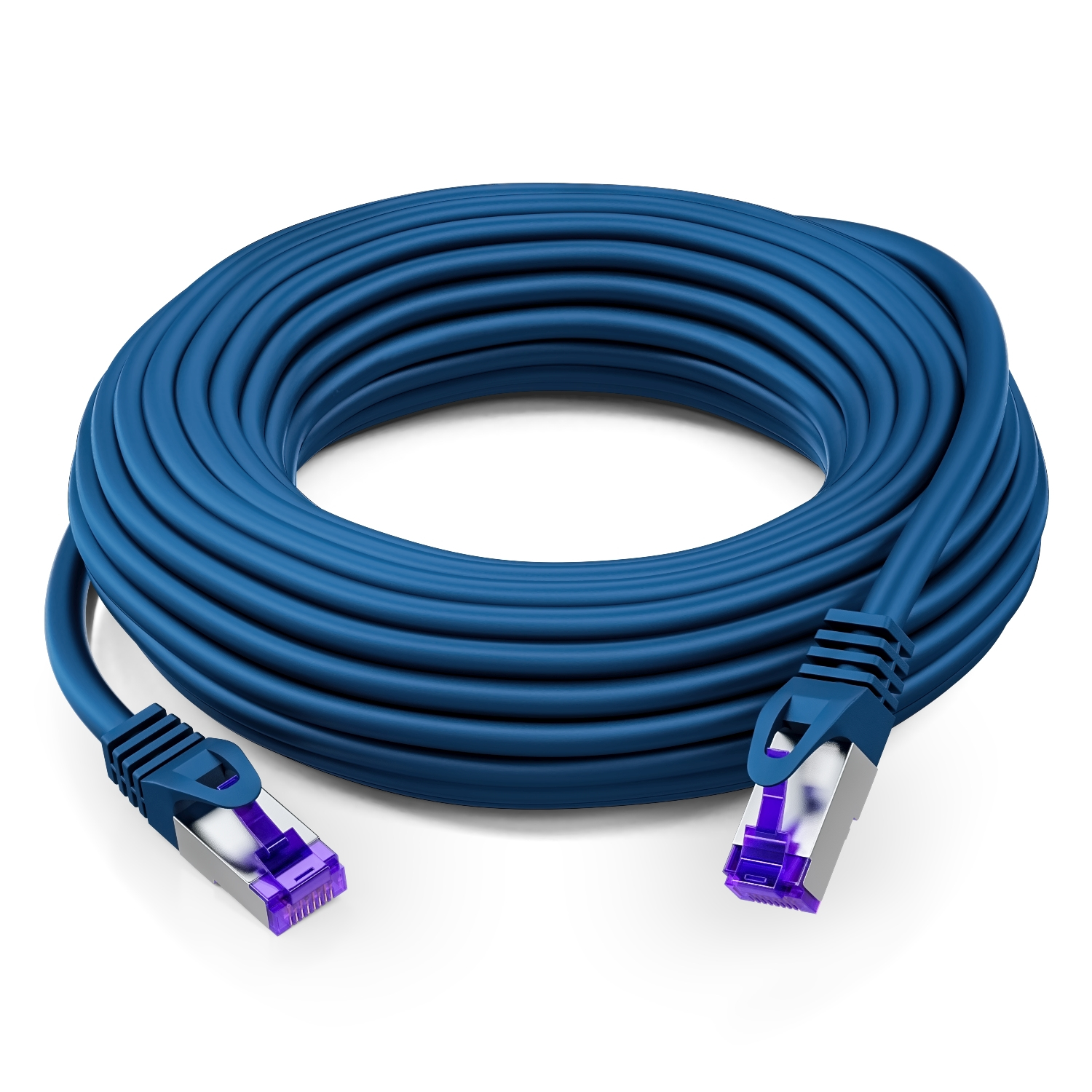 Blaues Ethernet-Kabel in Spiralform mit violetten Steckern. Weißer Hintergrund.