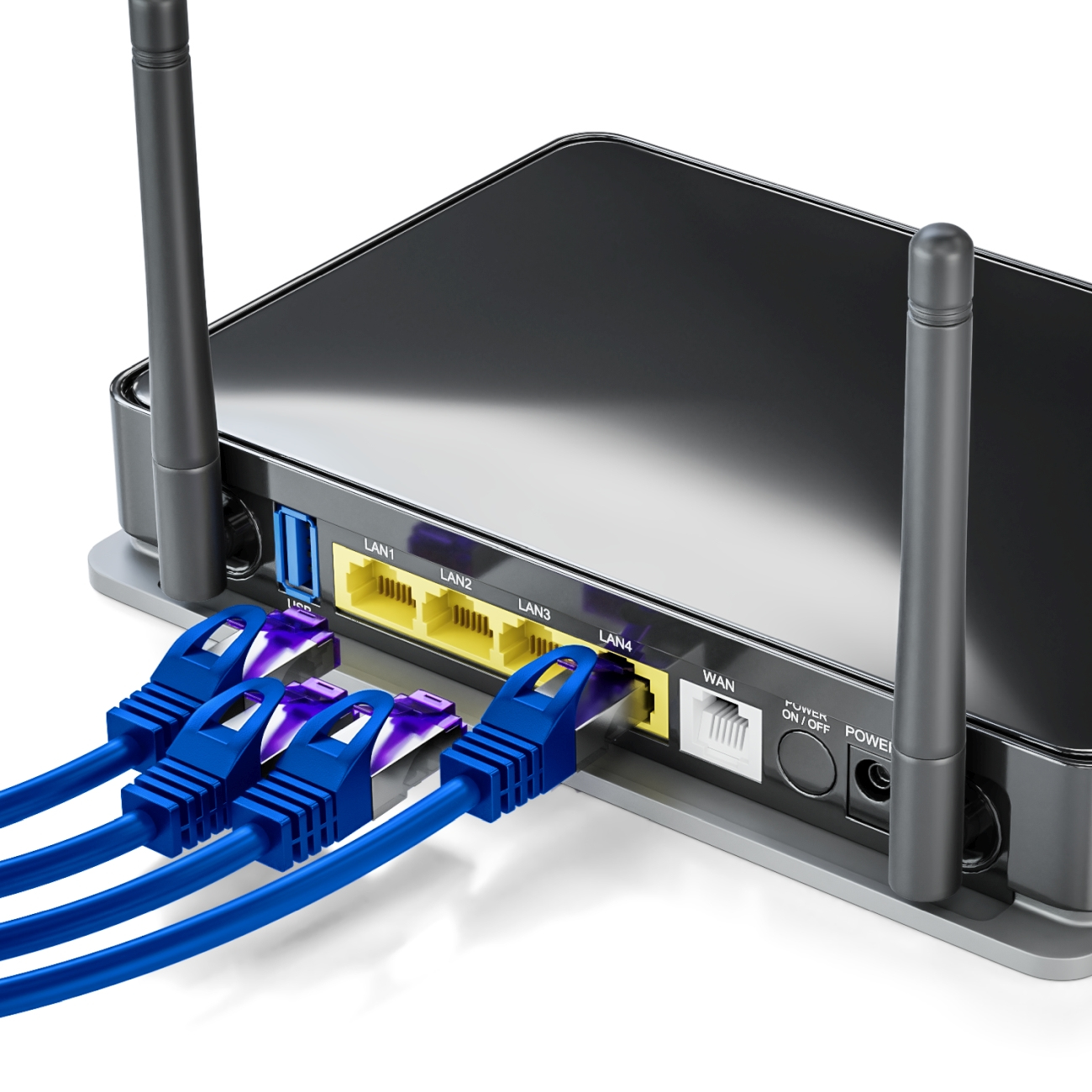 Schwarzer Router mit blauen Netzwerkkabeln verbunden. Kabel haben violette Stecker.