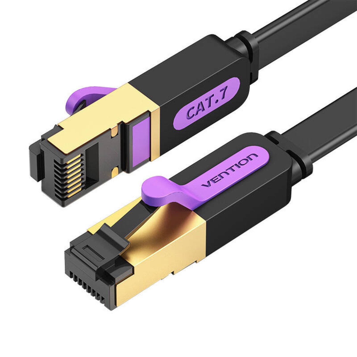 Câble réseau noir avec connecteurs dorés et violets.