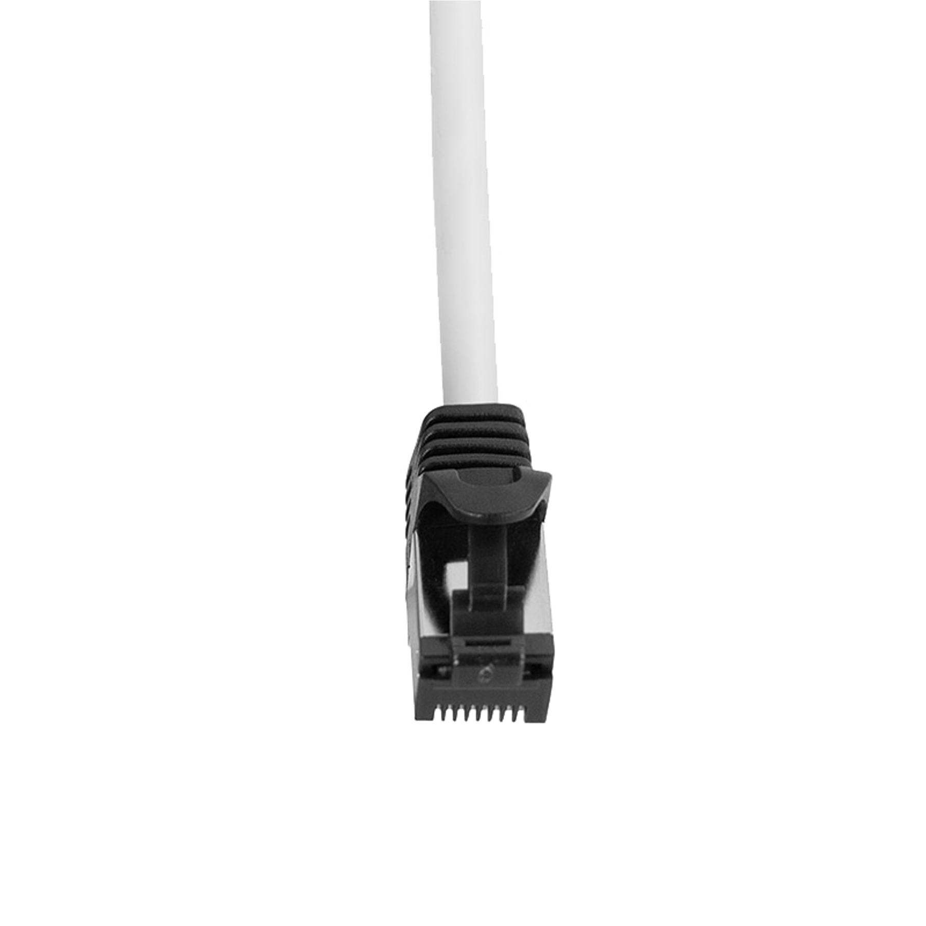 Primo piano di un cavo ethernet bianco con connettore RJ45 nero, isolato.
