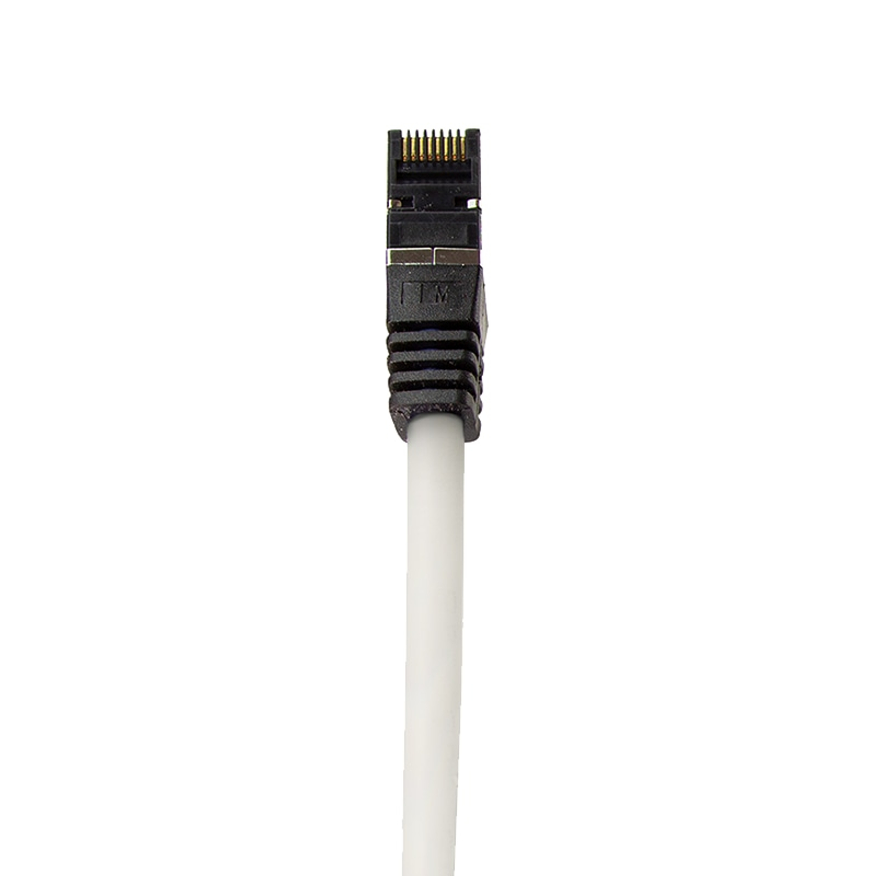 Primo piano di un cavo ethernet bianco con connettore RJ45 nero, isolato.