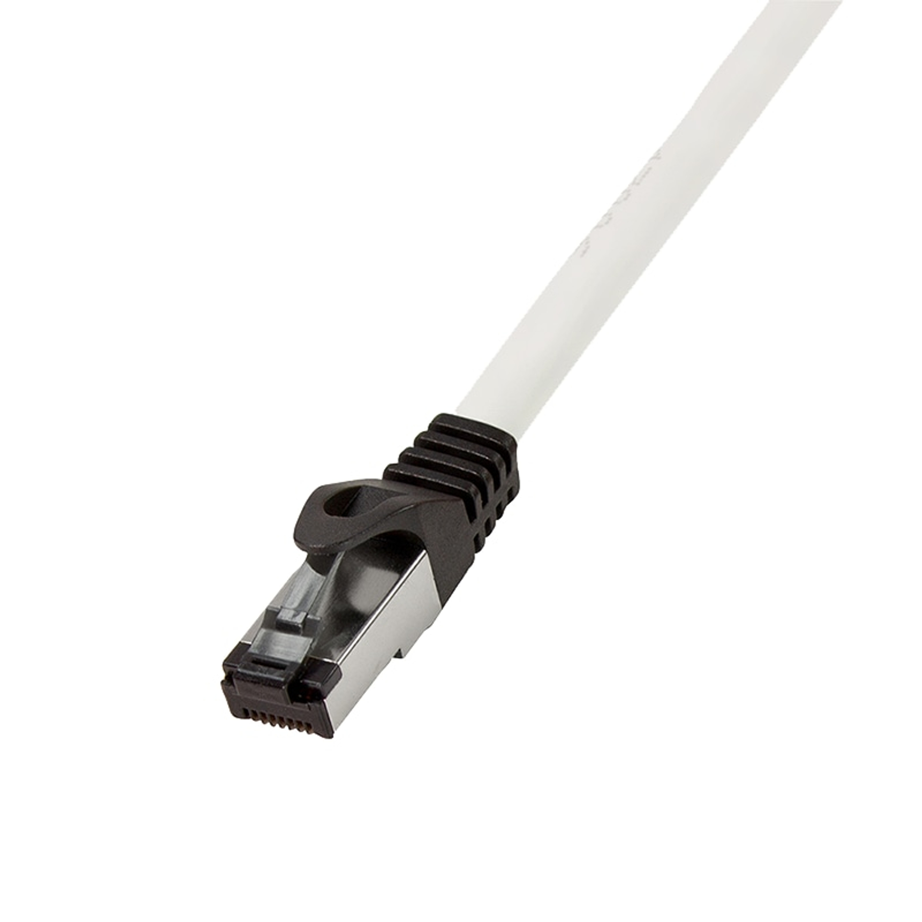 Un connettore per cavi di rete bianco. Lo sfondo è bianco.
