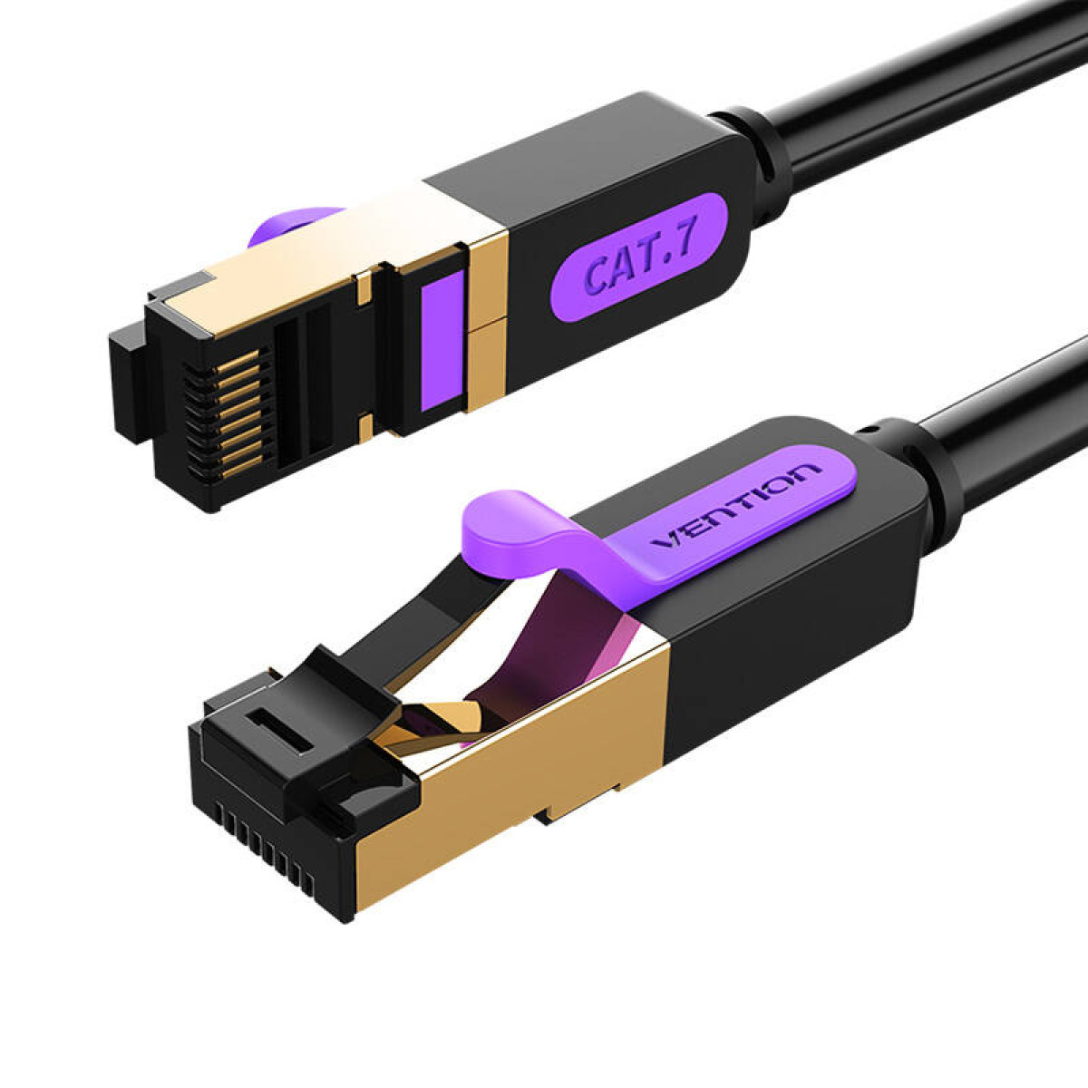 Due cavi ethernet neri e oro con accenti viola, su sfondo bianco.