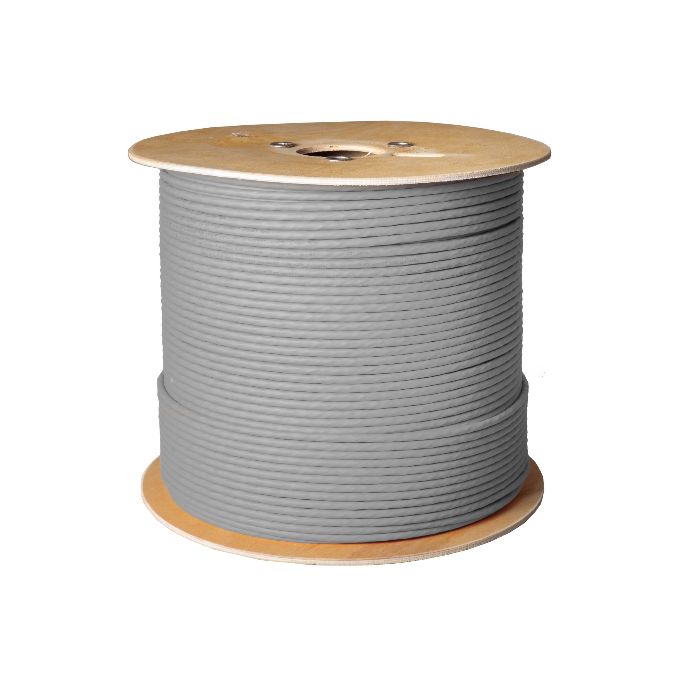 Grande bobina di cavo Ethernet grigio su base in legno, sfondo bianco.