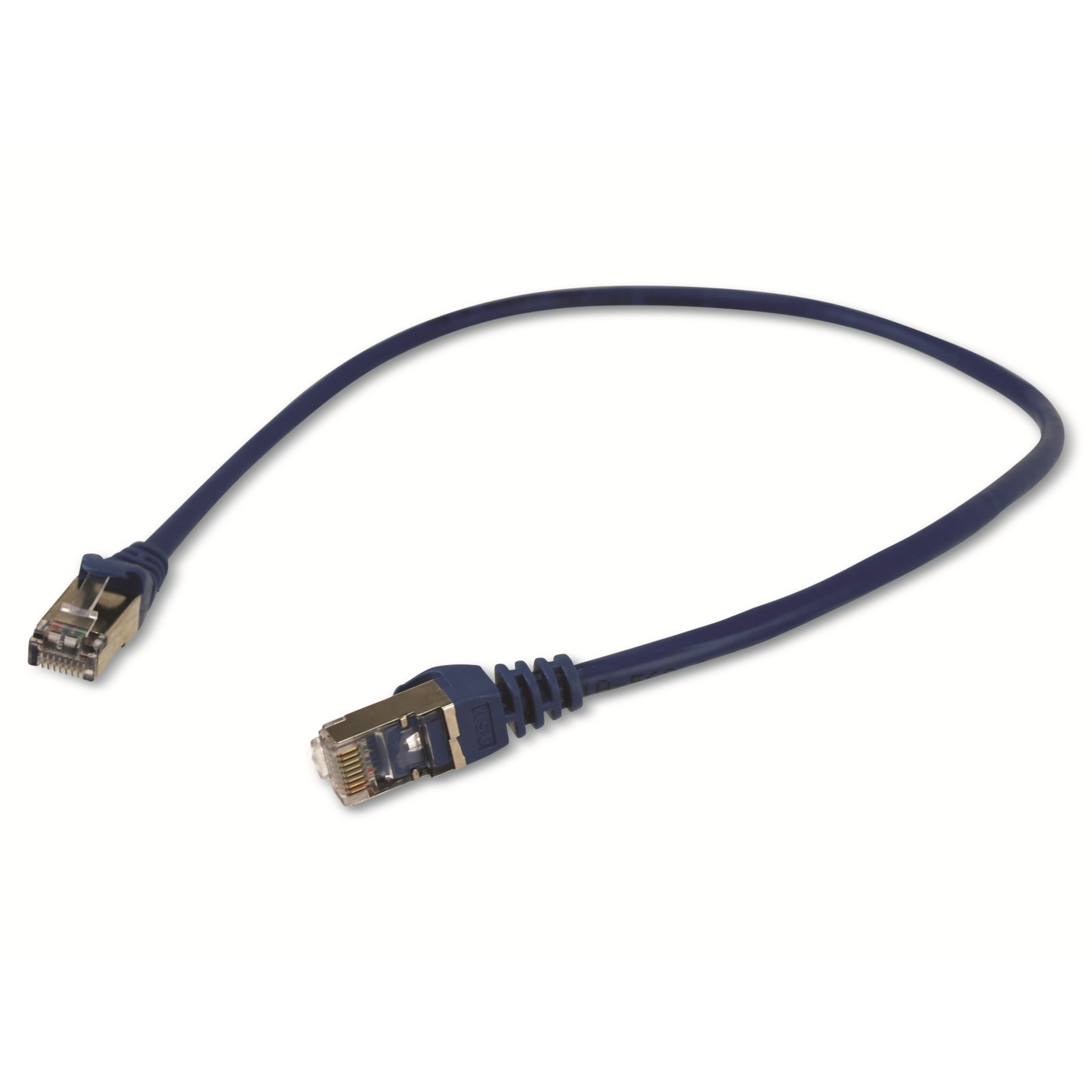 Cavo Ethernet blu scuro con connettori dorati, sfondo bianco.
