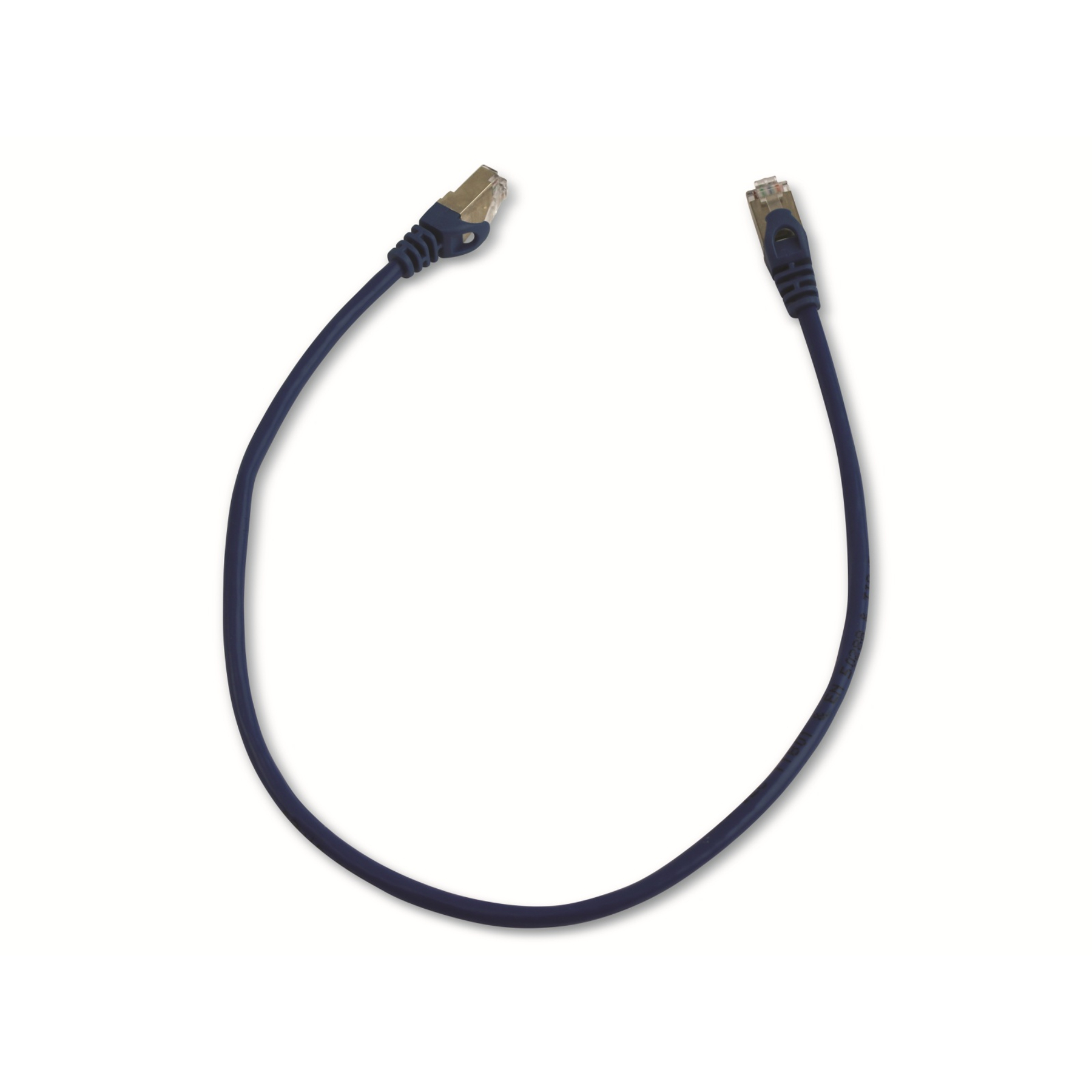 Cavo Ethernet blu con connettori. Sfondo bianco. Il cavo forma una U.