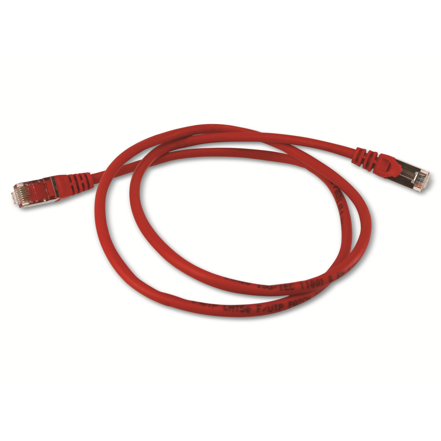 Cavo Ethernet rosso con connettori. Sfondo bianco. Il cavo è ad anello.