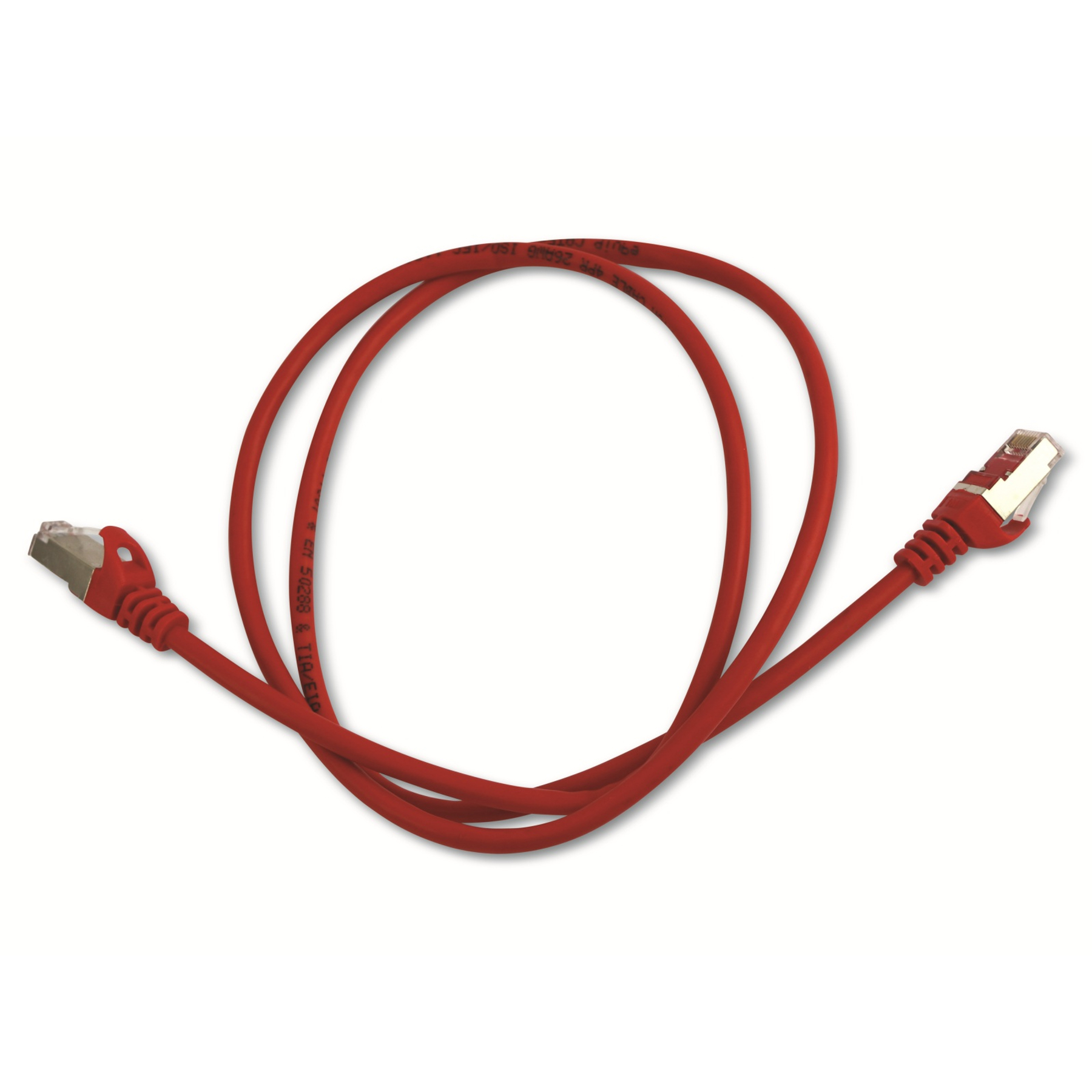 Cavo Ethernet rosso con connettori. Sfondo bianco. Il cavo forma una U.