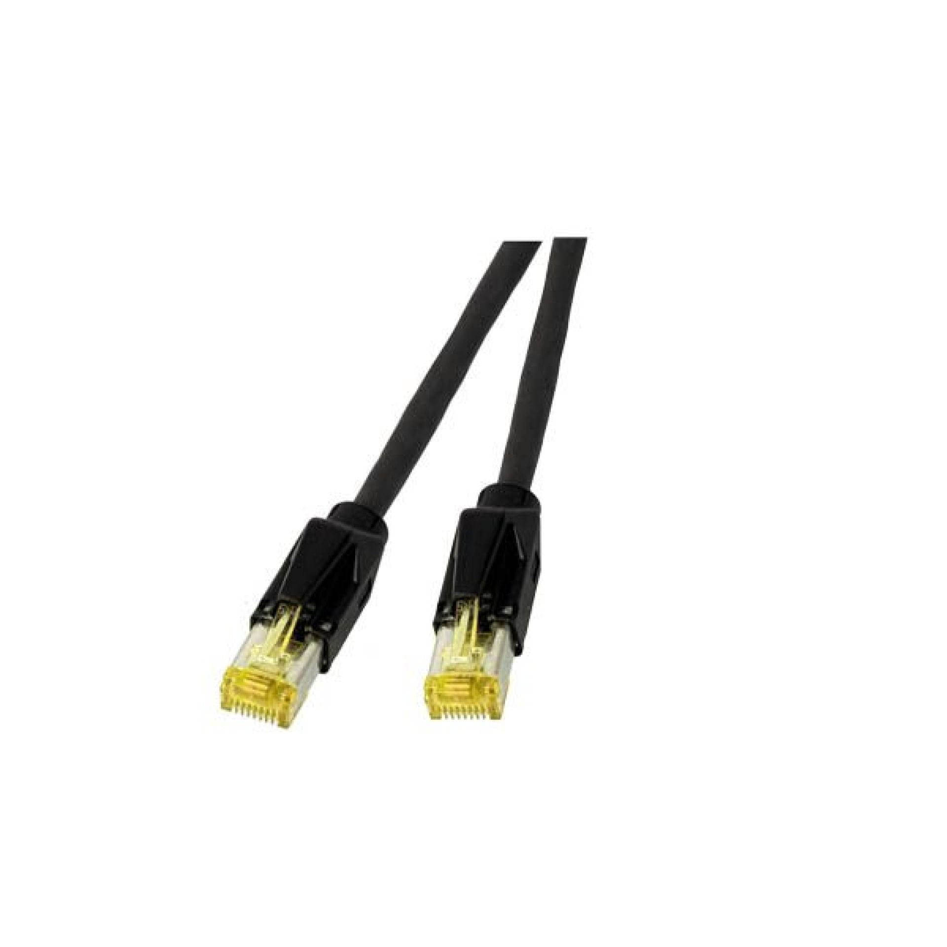 Cavo Ethernet nero con connettori gialli. Sfondo bianco. Cavi in primo piano.