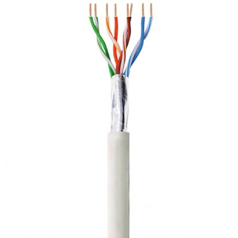 Sezione di cavo bianco con fili colorati esposti, su sfondo bianco. La lamina metallica circonda i fili.