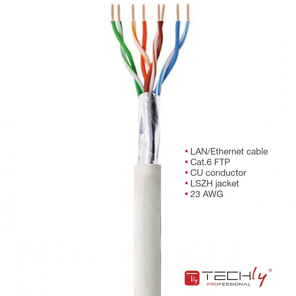 Cavo Ethernet tagliato che mostra fili colorati, guaina bianca, testo e logo su sfondo bianco.