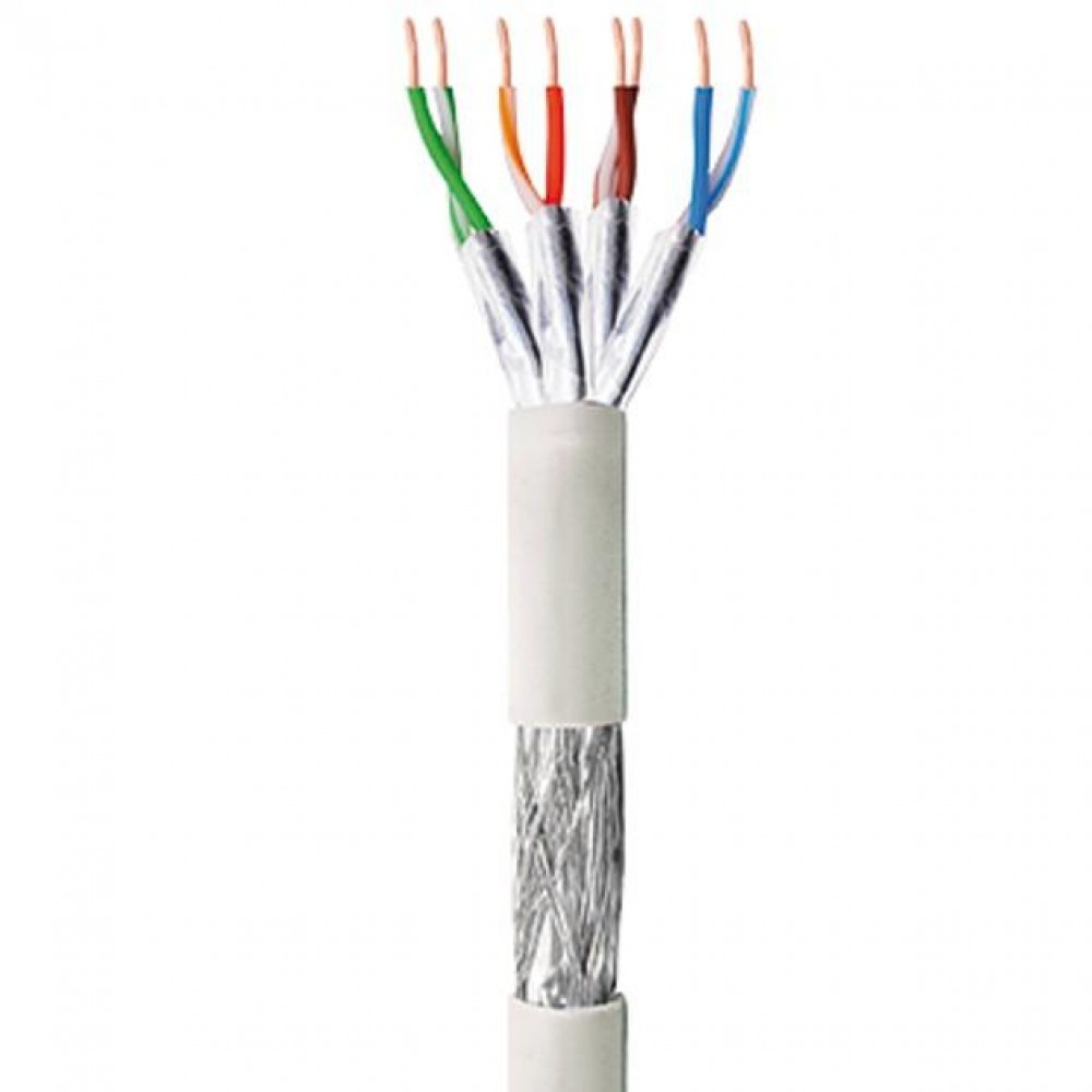 Sezione di cavo con fili colorati esposti. Strato esterno bianco, lamina metallica e fili colorati visibili.
