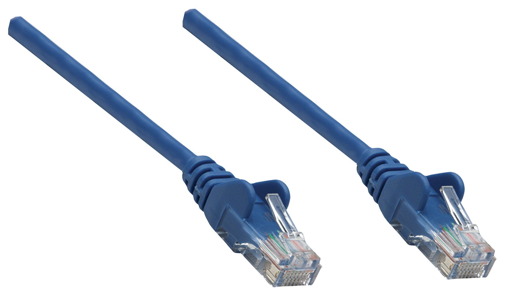 Due cavi di rete blu con connettori trasparenti. Sfondo bianco.