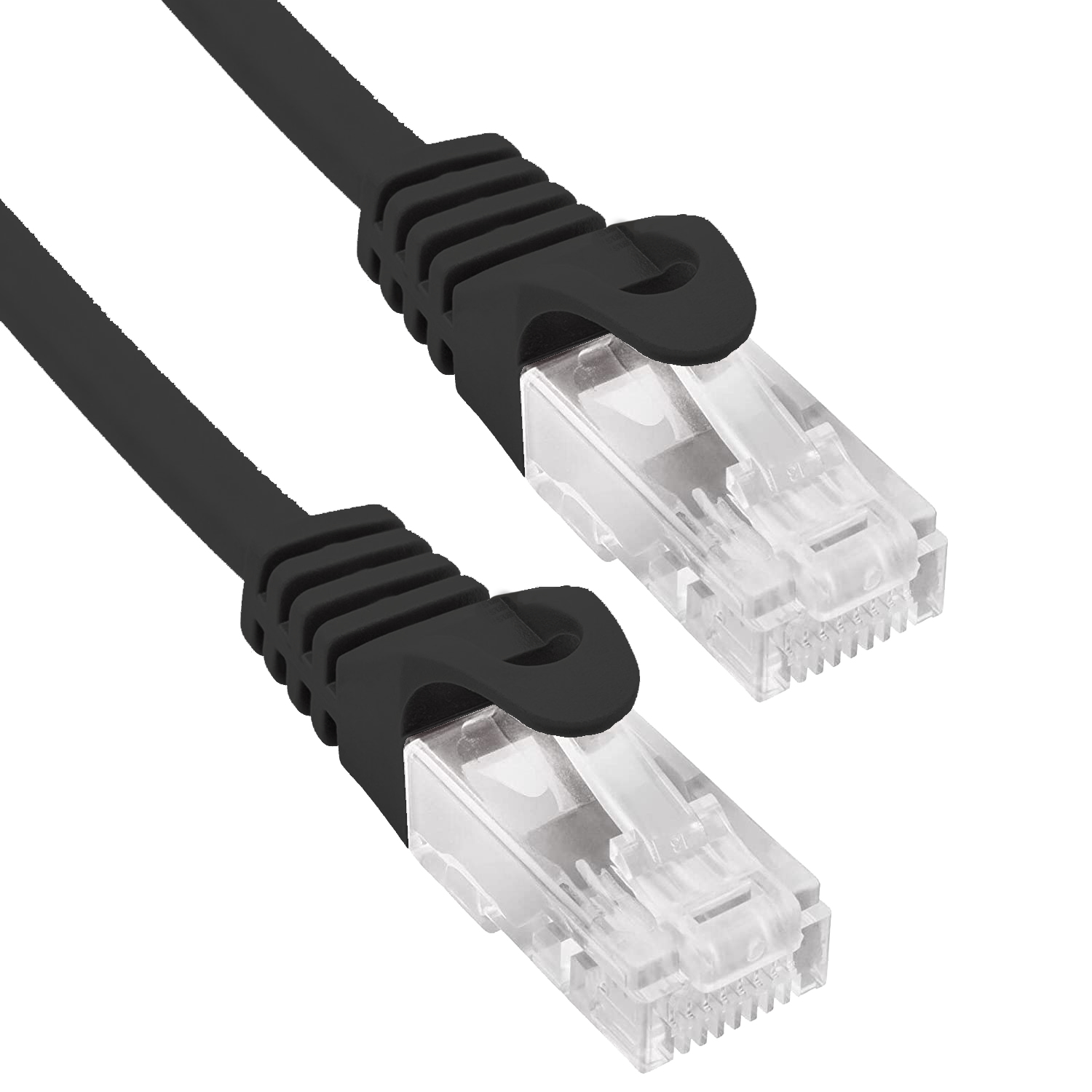 Due cavi Ethernet neri con connettori trasparenti, primo piano su bianco.