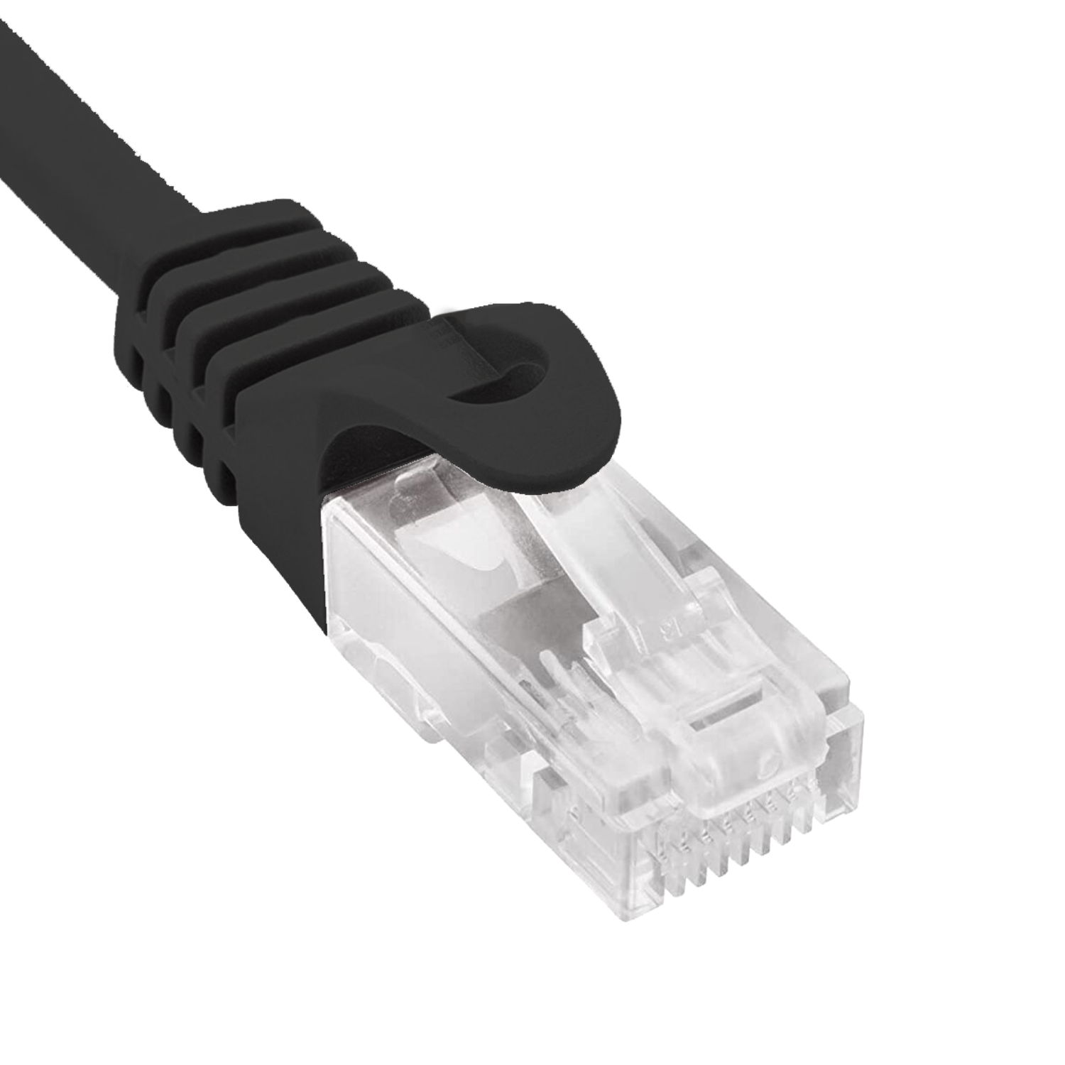 Cavo di rete nero con connettore trasparente. Sfondo bianco.