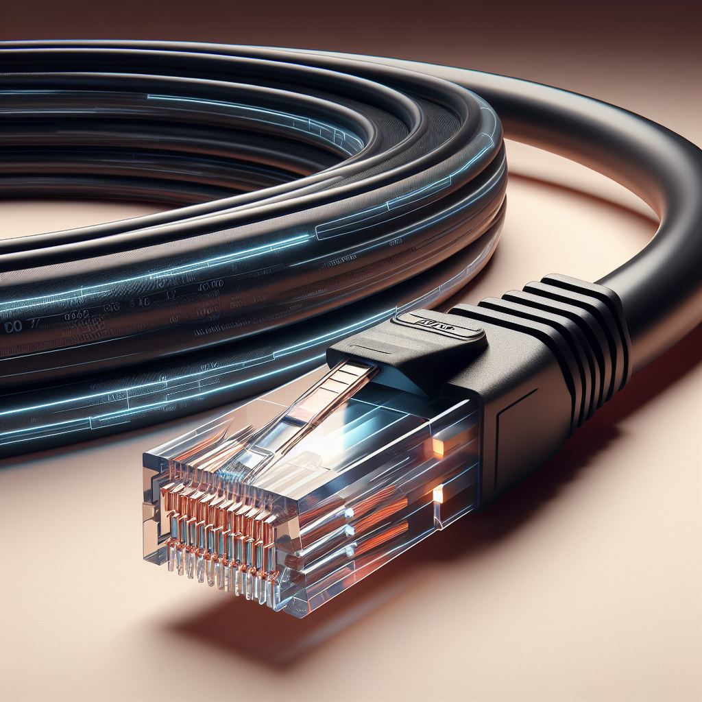 Primo piano di un cavo Ethernet nero con connettore trasparente.