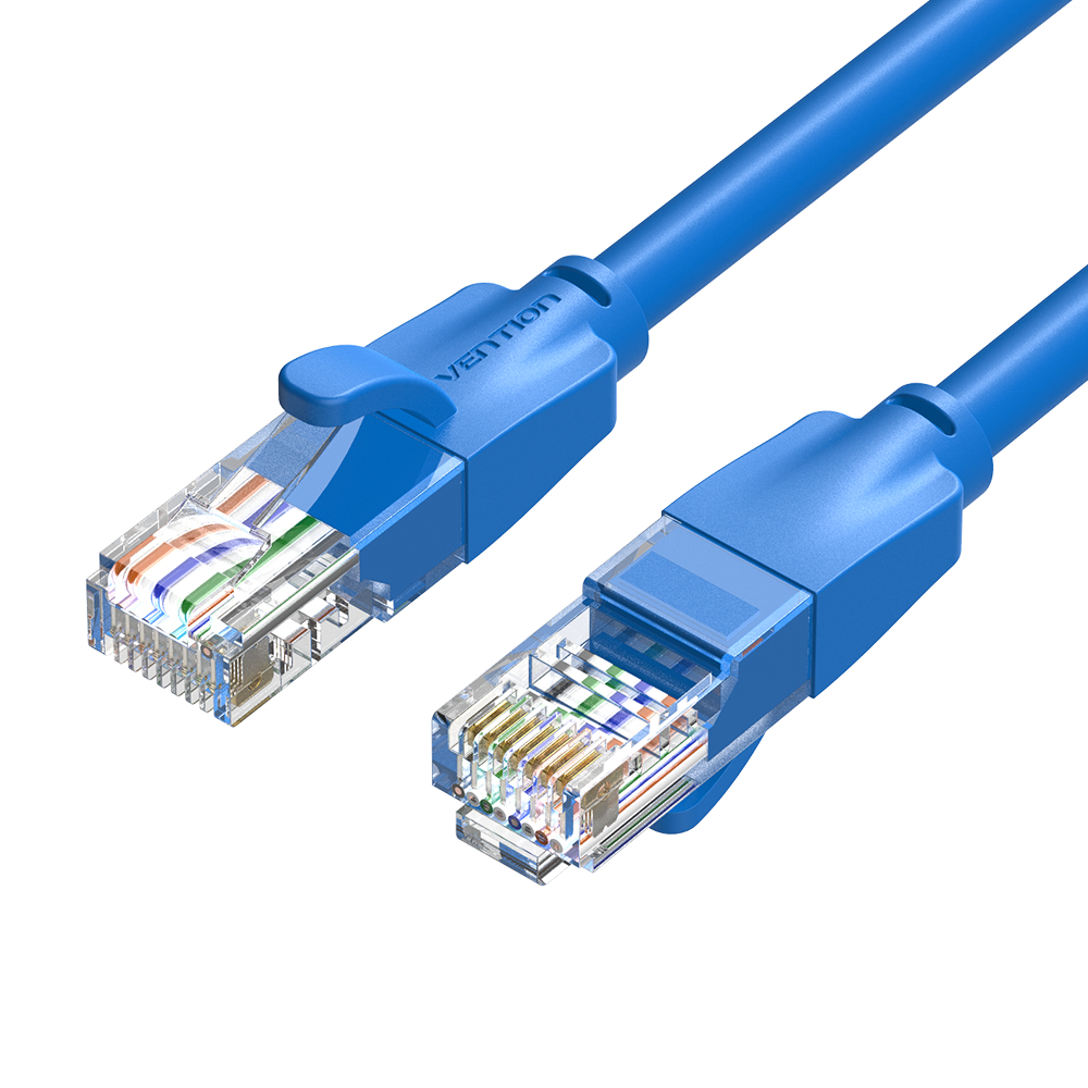 Cavi Ethernet blu con connettori trasparenti, mostrano fili colorati.