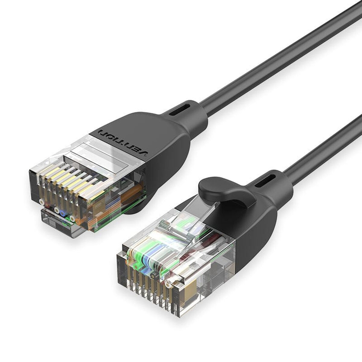 Twee zwarte netwerkkabels met zwarte RJ45-connectoren. De merknaam Vention is zichtbaar.