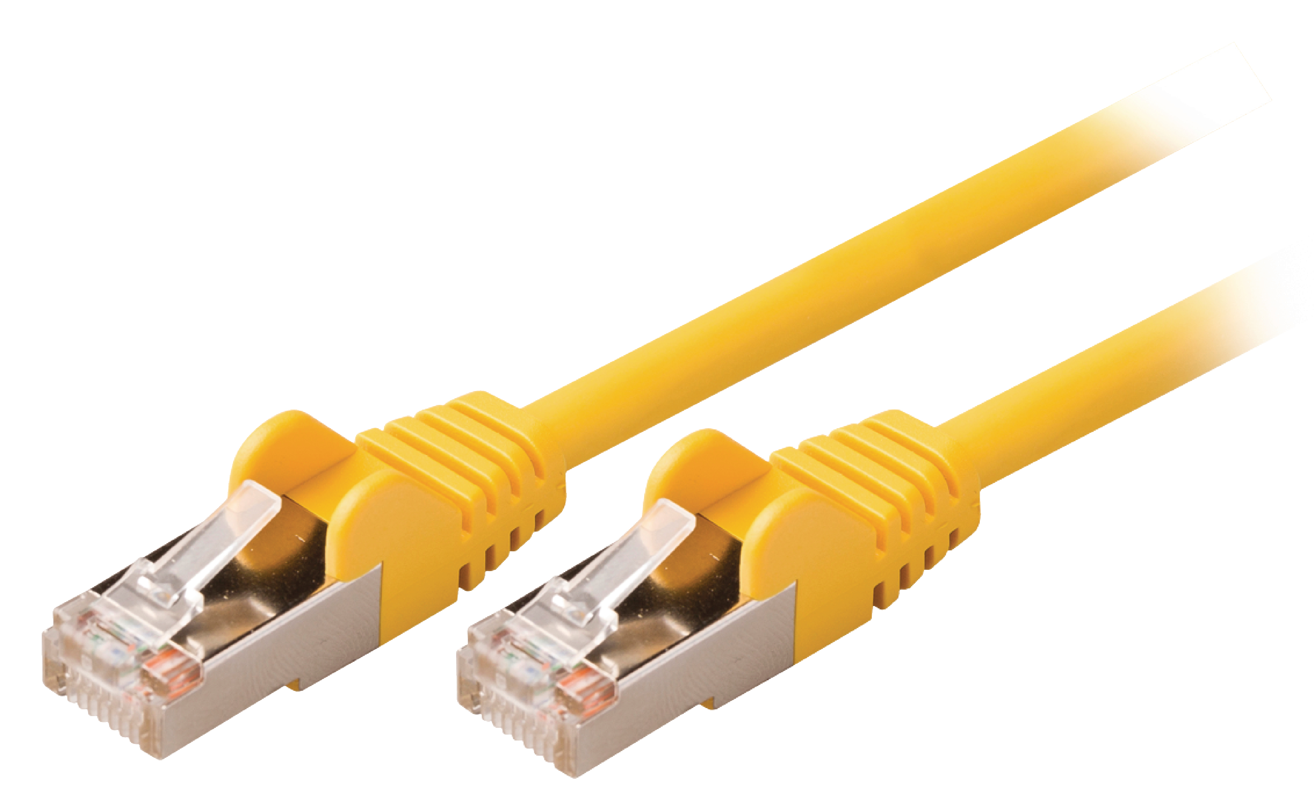 Due cavi Ethernet gialli con connettori RJ45 su sfondo bianco.