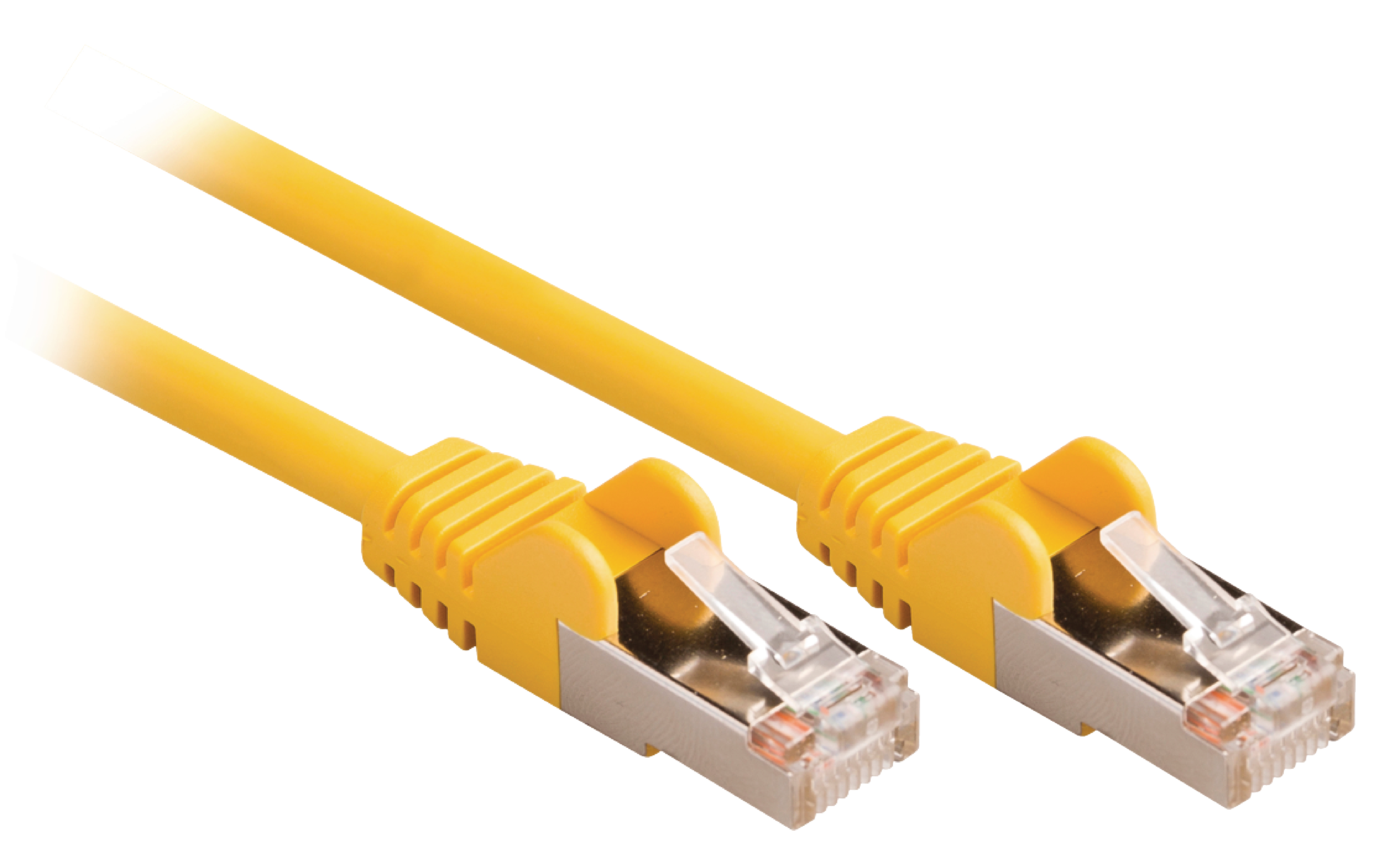 Due cavi Ethernet gialli con connettori RJ45 su sfondo bianco.