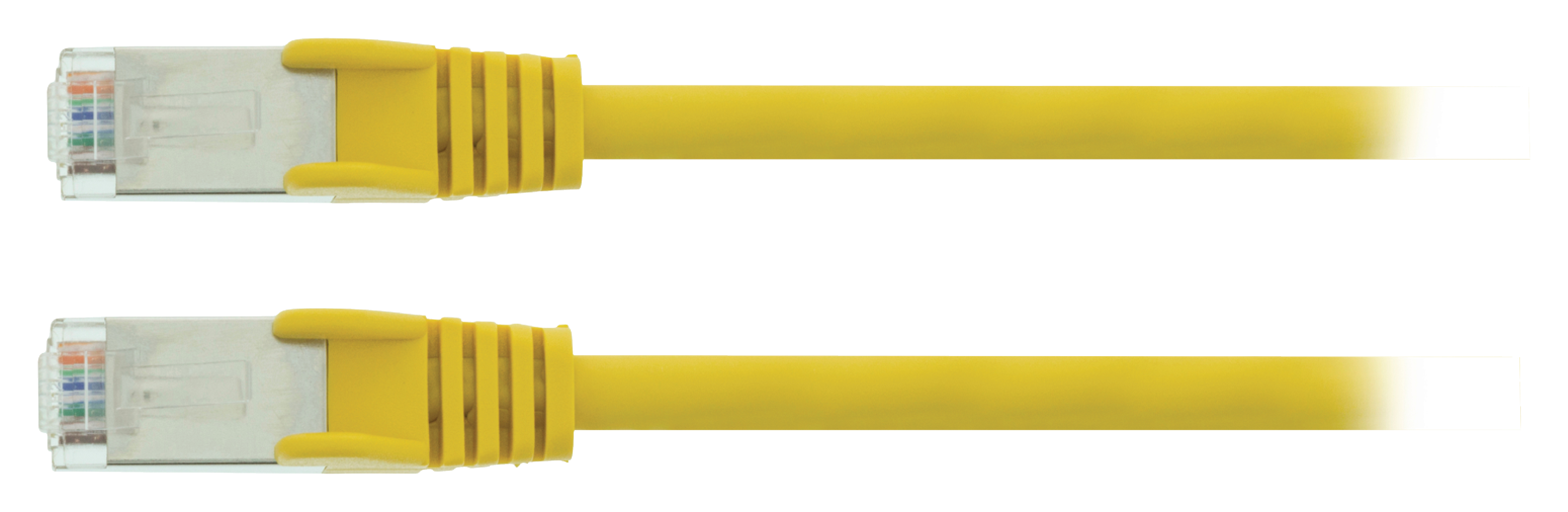 Due cavi Ethernet gialli con connettori. I connettori hanno involucri metallici e clip gialle, sfondo bianco.