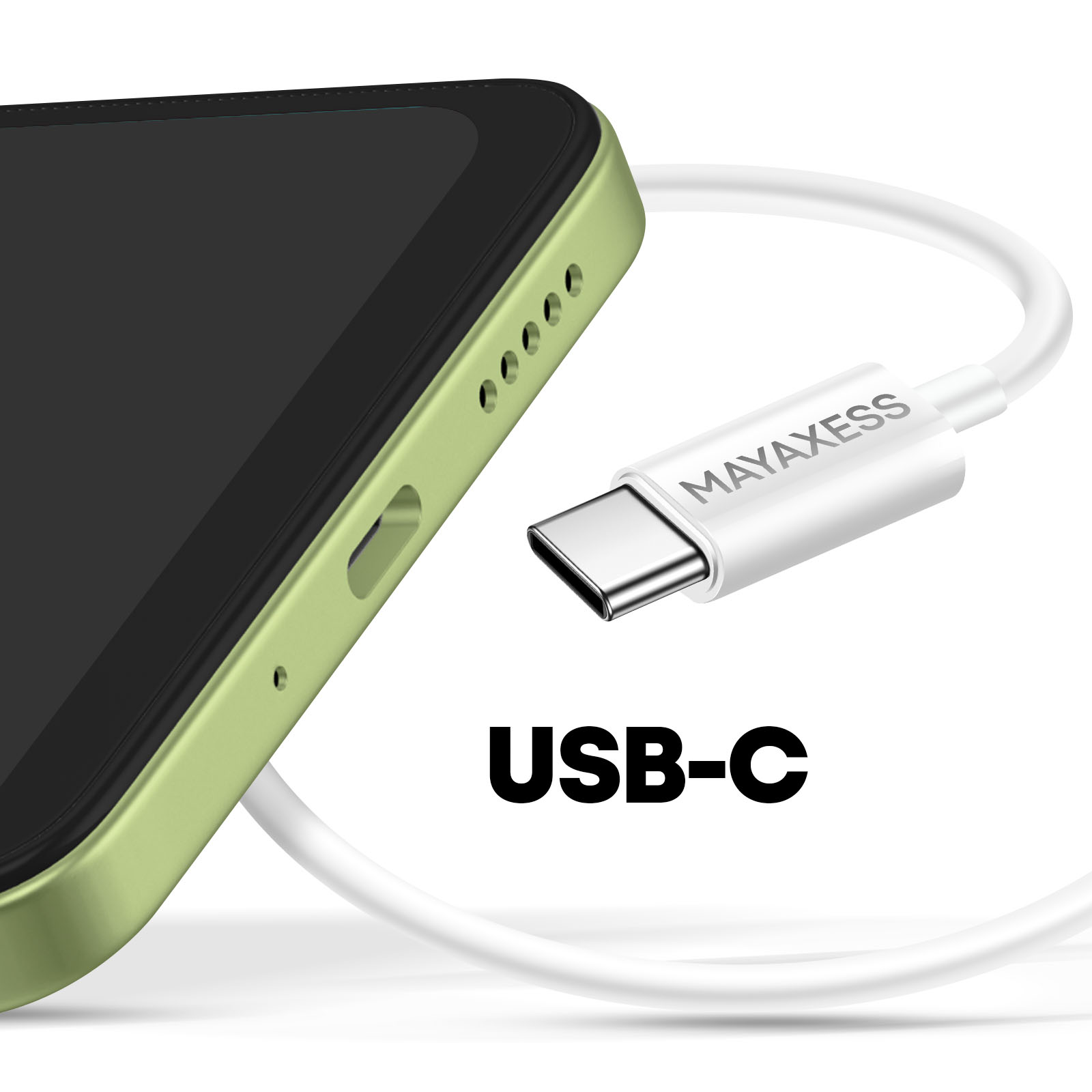Un teléfono con carcasa verde, un cable USB-C blanco enchufado y un logotipo MAYAXESS.