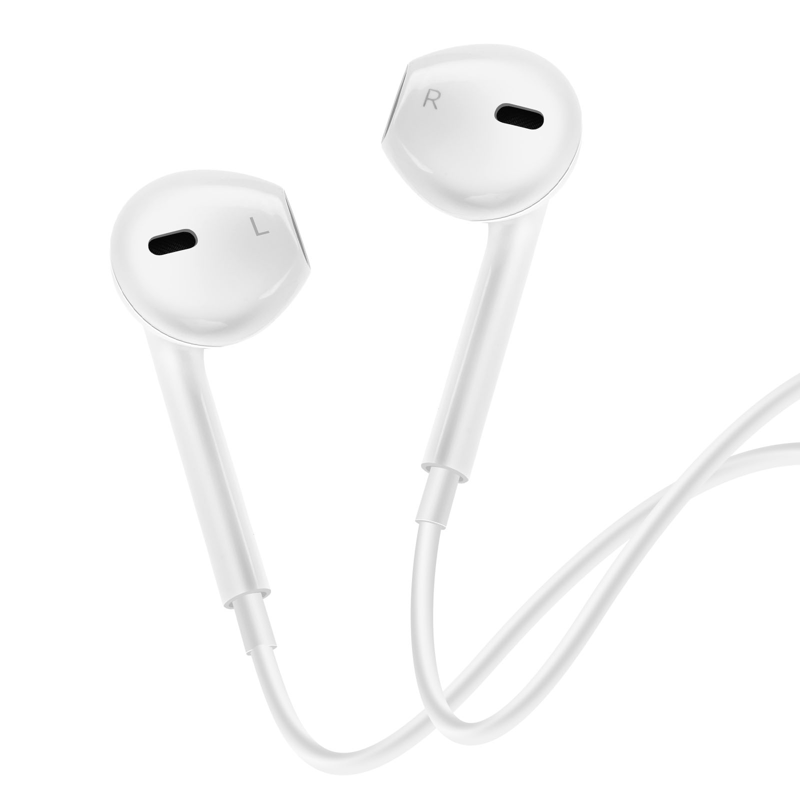 Auriculares blancos con marcas 'L' y 'R'. El cable es blanco.