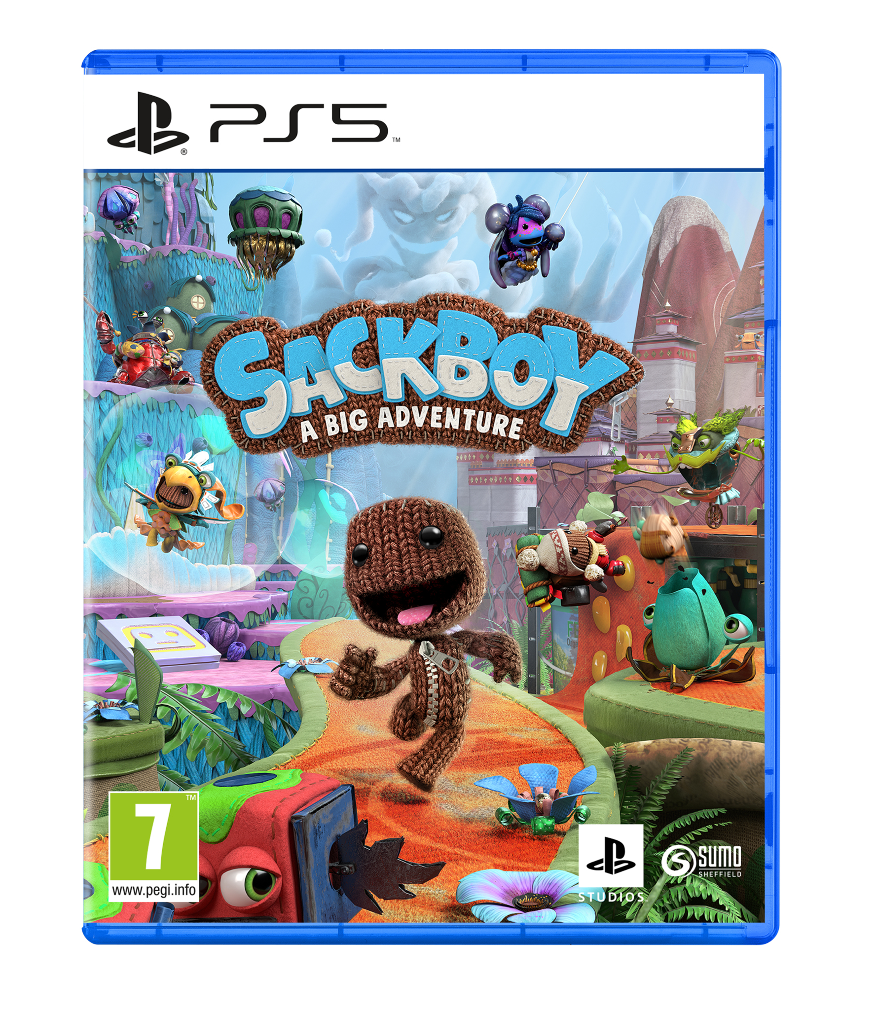 Scatola del gioco PS5 per 'Sackboy: A Big Adventure'. Grafica di gioco colorata. Sfondo bianco.