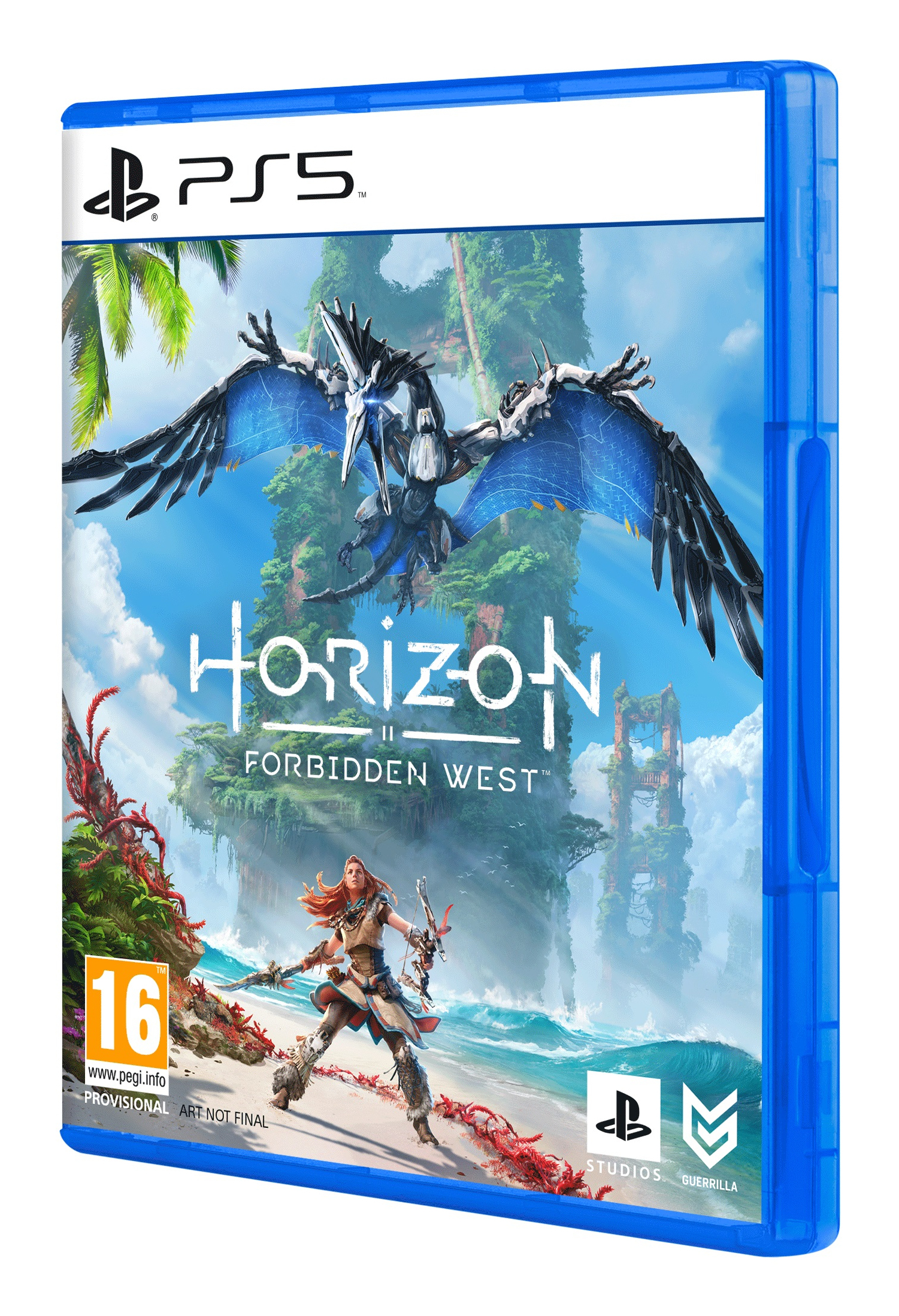 Scatola del gioco Horizon Forbidden West per PS5 con una donna e un drago sulla copertina.