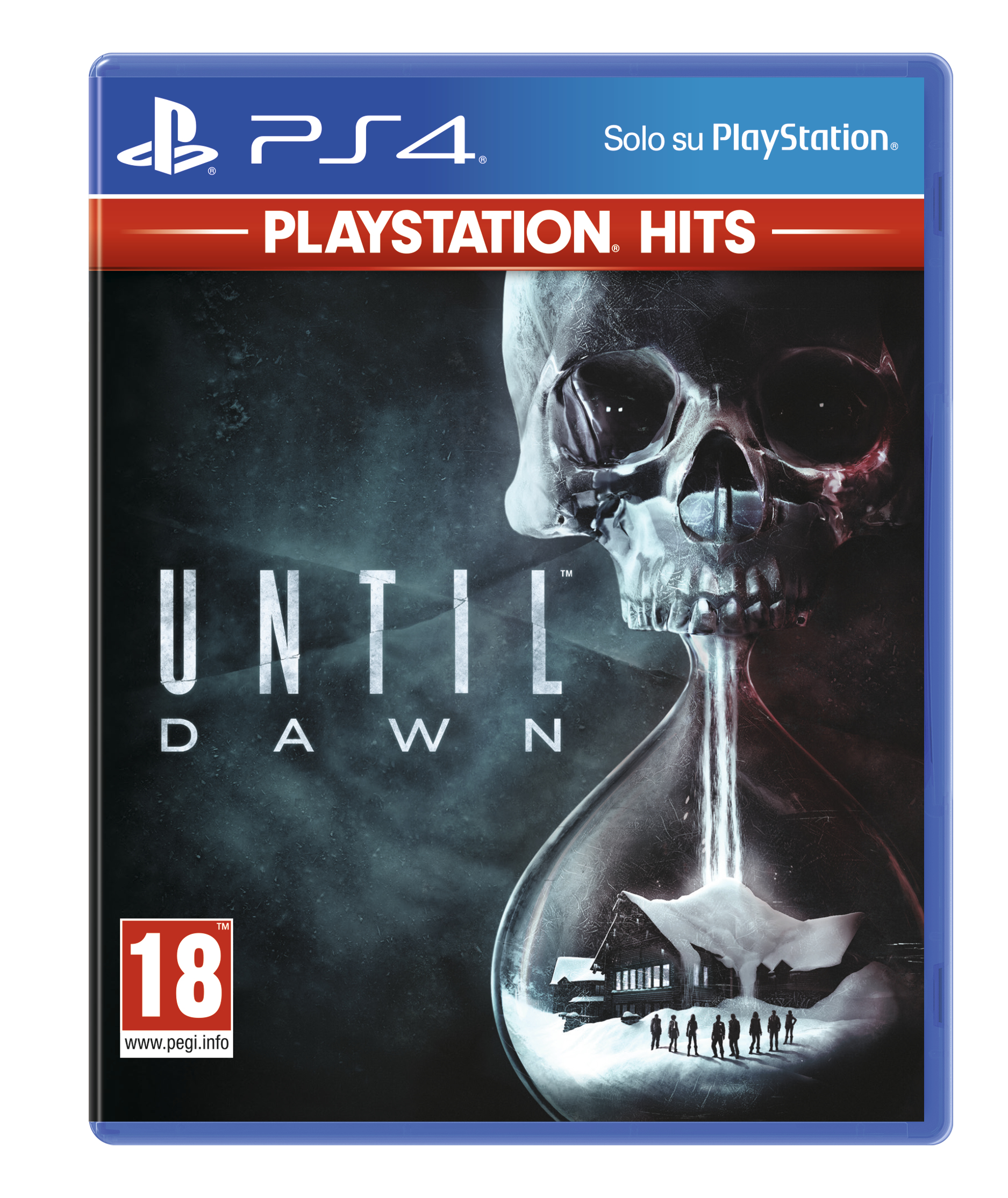 Copertina del gioco 'Until Dawn' su PS4, con una clessidra a teschio con una casa e figure.
