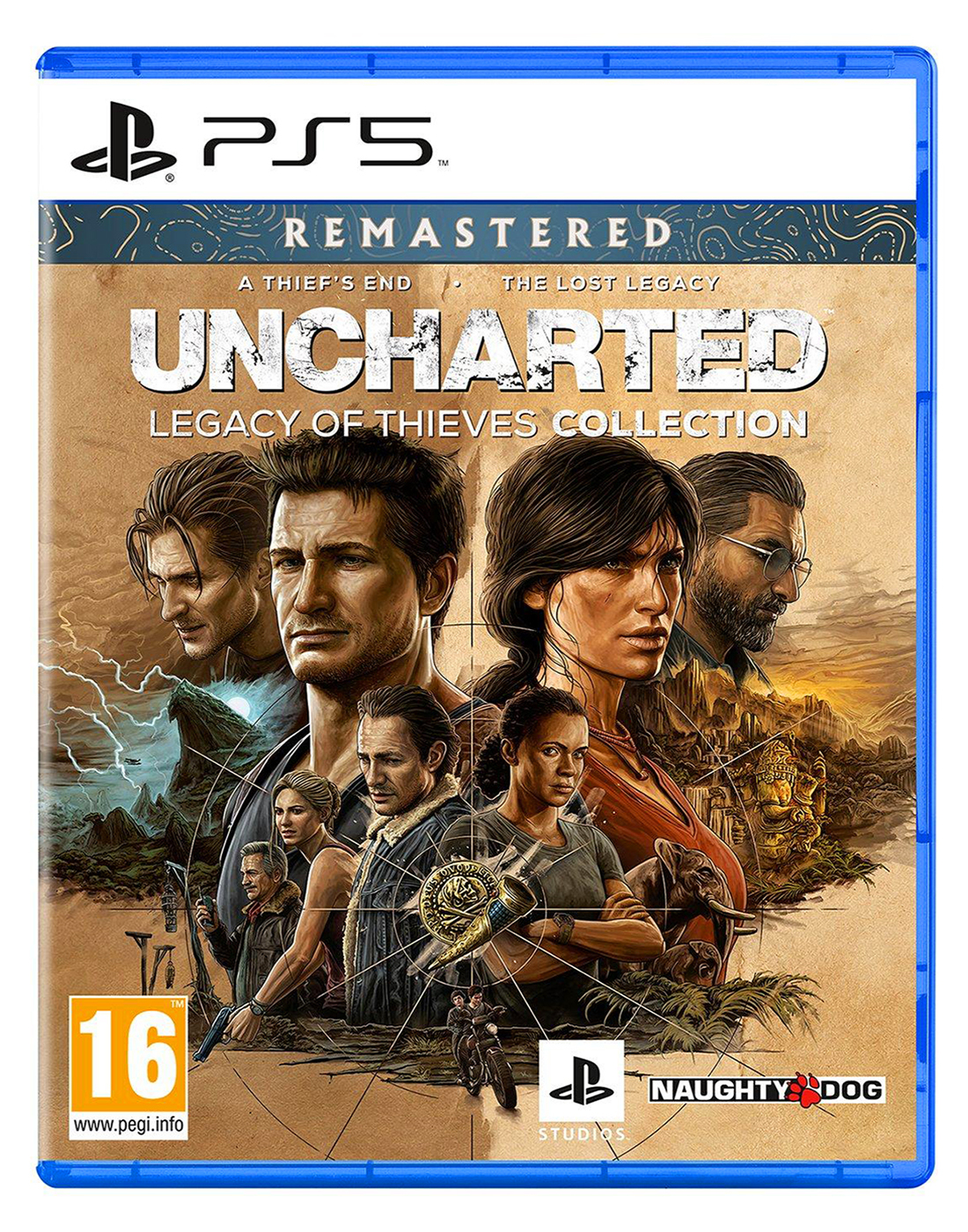 Una custodia per giochi PS5 di Uncharted. La copertina mostra diversi personaggi. La custodia è blu.