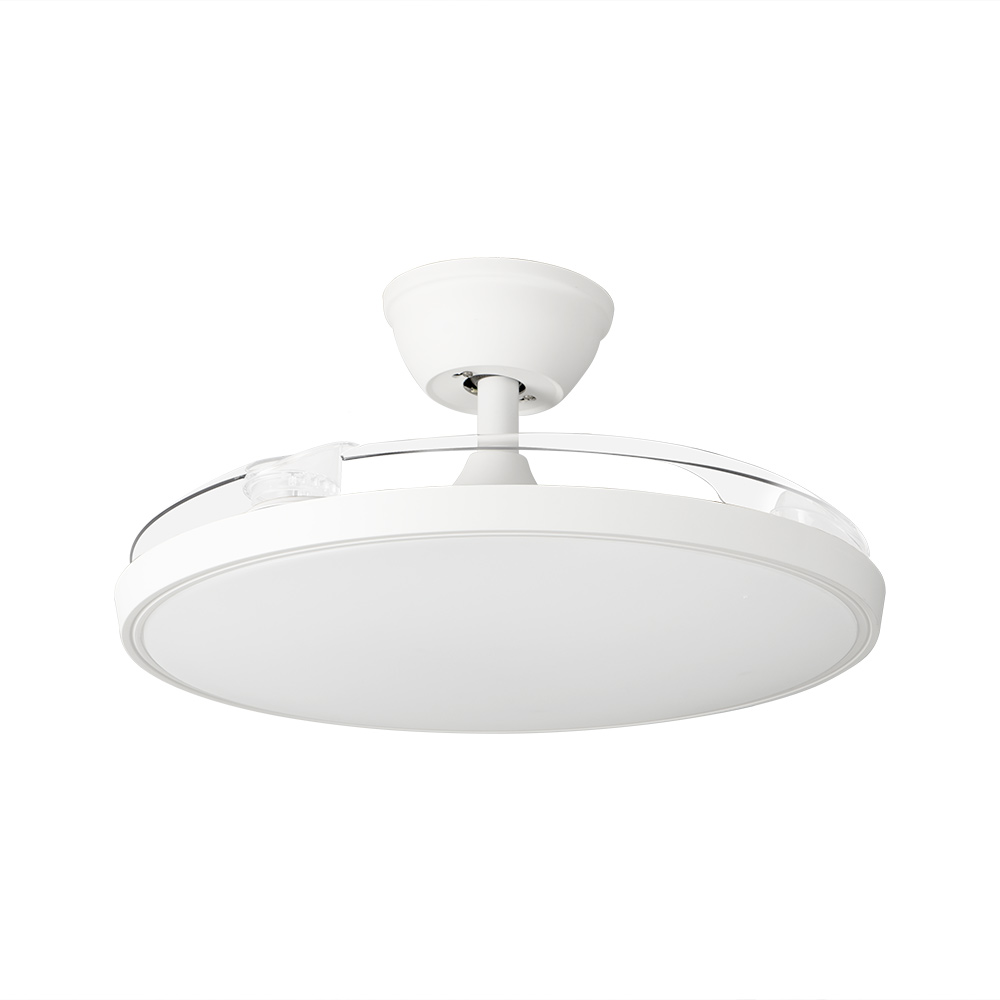 Un ventilador de techo blanco con borde transparente.