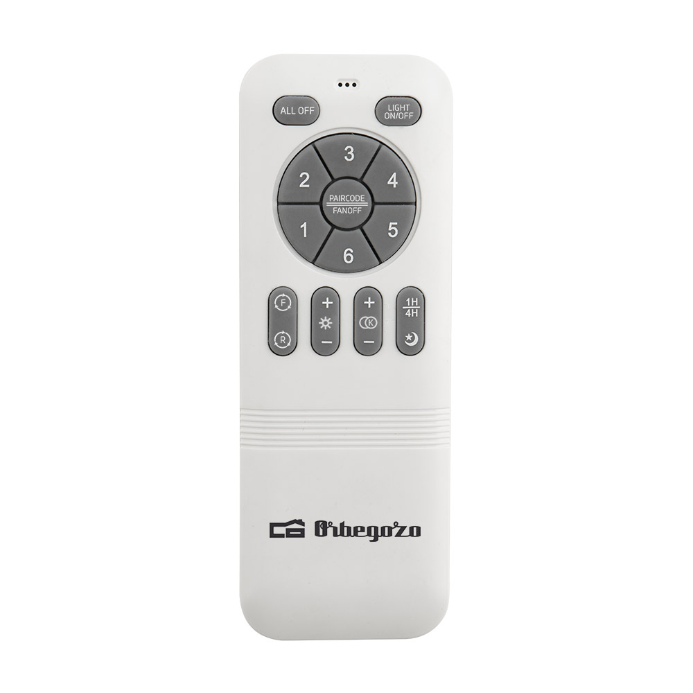 Un mando a distancia blanco con múltiples botones, etiquetados como 'All Off', 'Light On/Off' y botones numerados.
