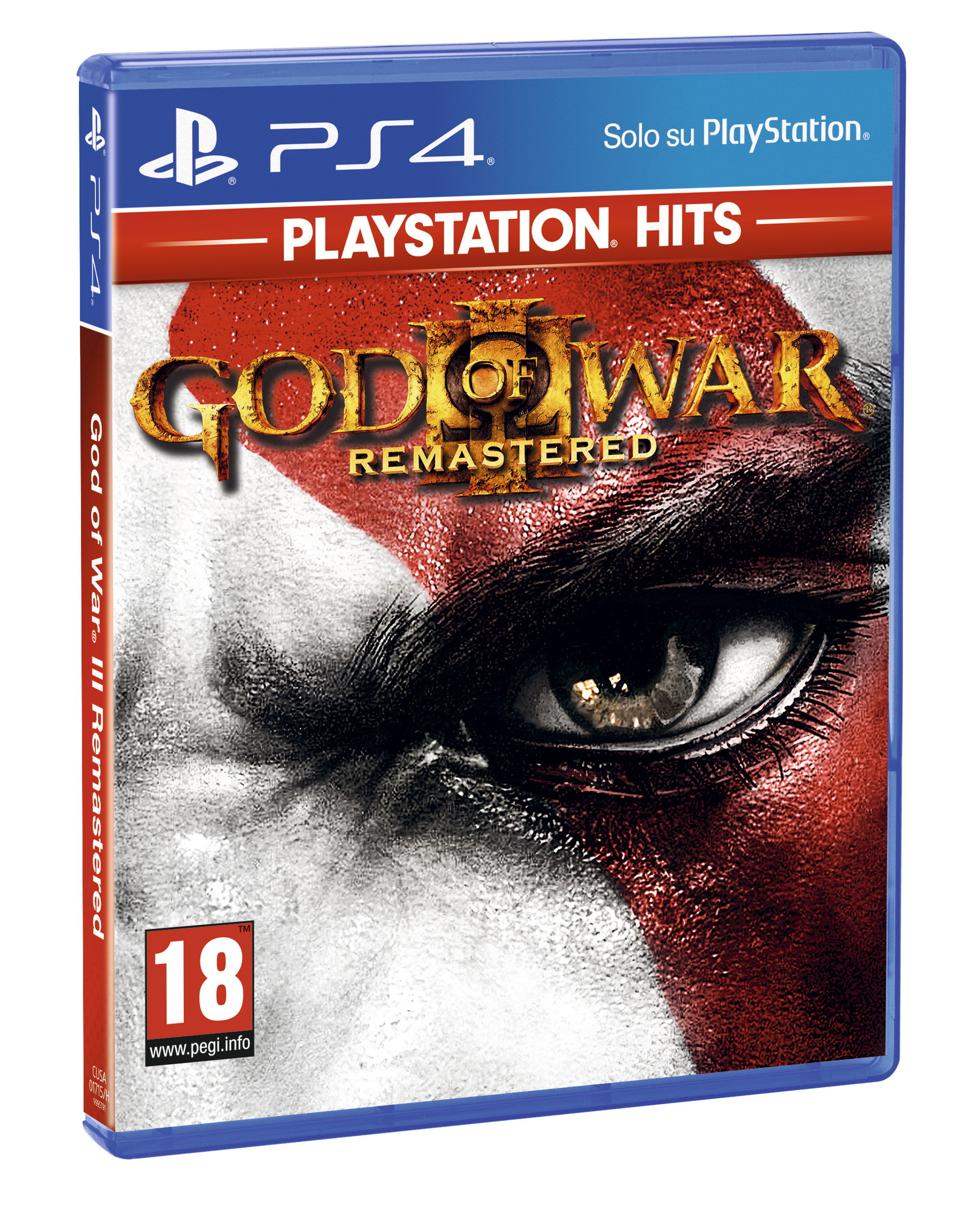 Una custodia per giochi PS4 di God of War III Remastered. La copertina mostra un volto e segni rossi.