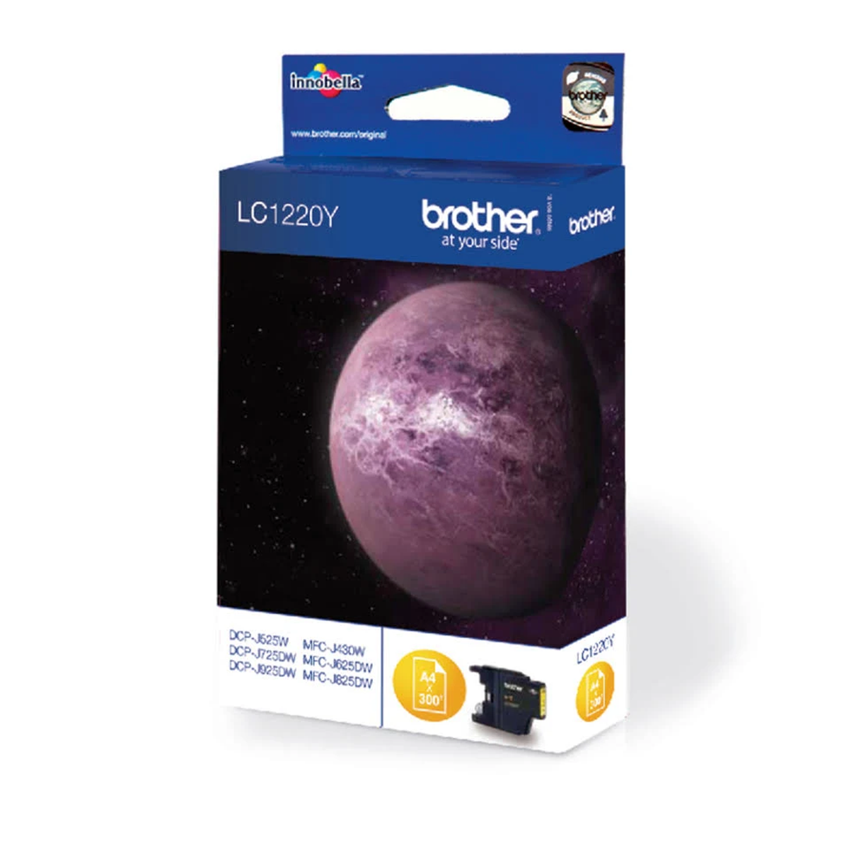 Brother LC1220Y ink cartridge box with a purple planet graphic and product details.