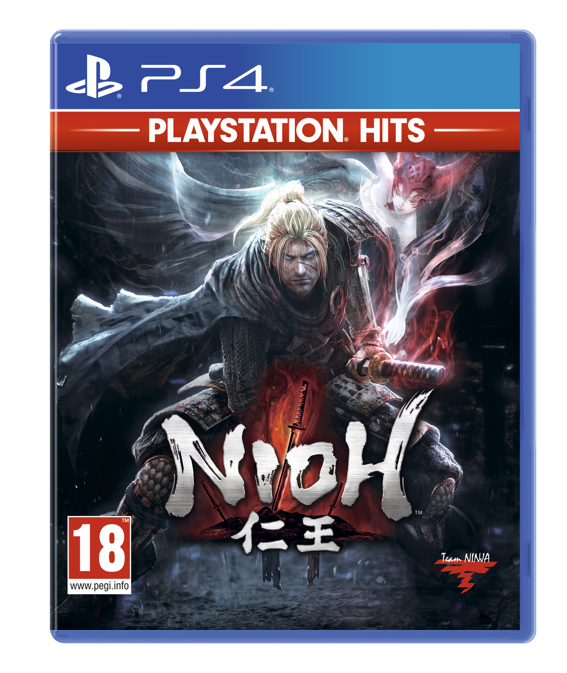 Pudełko z grą PS4 Nioh, z wojownikiem z mieczem, ciemnymi tonami i tytułem gry.