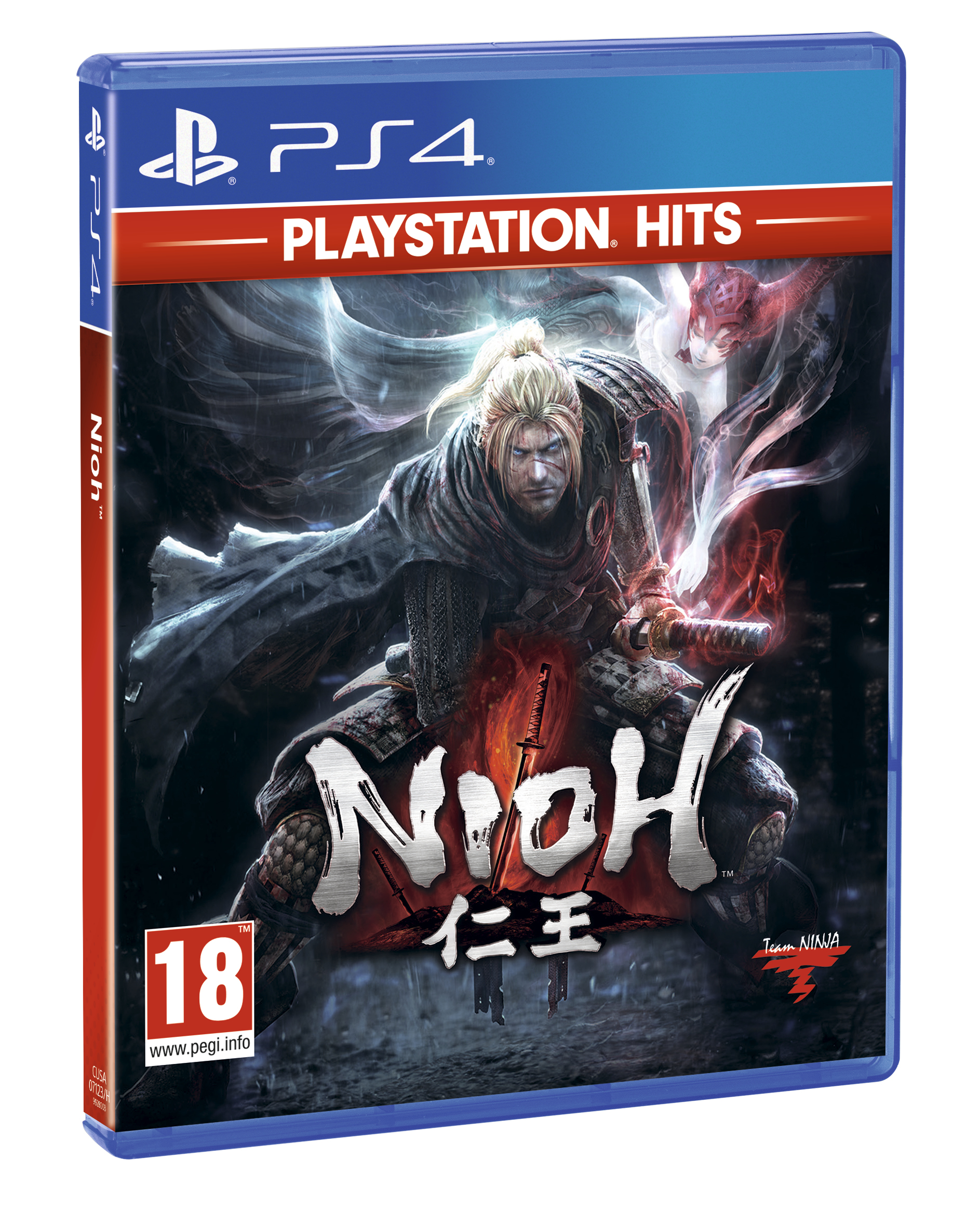 Pudełko z grą PS4 Nioh, z wojownikiem z mieczem, ciemnymi tonami i tytułem gry.