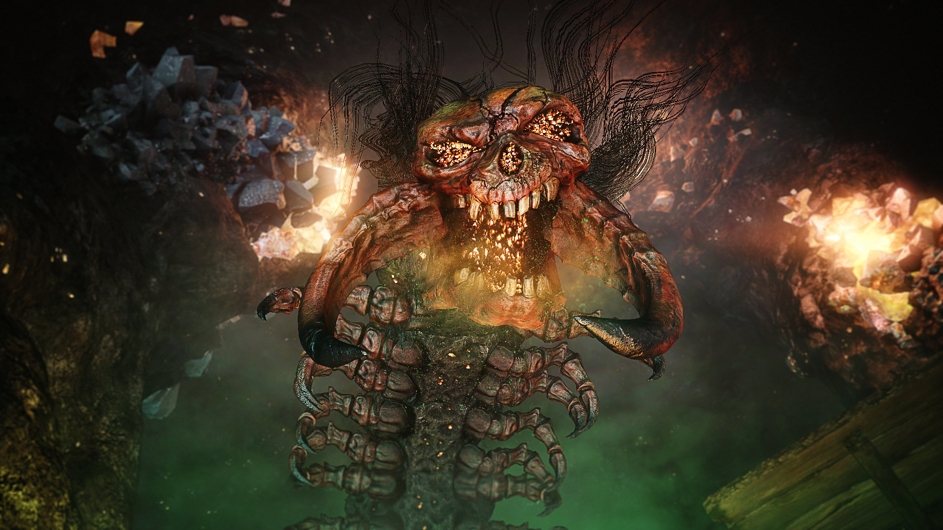 Una criatura monstruosa con ojos de fuego y dientes expuestos emerge de un entorno oscuro y cavernoso.