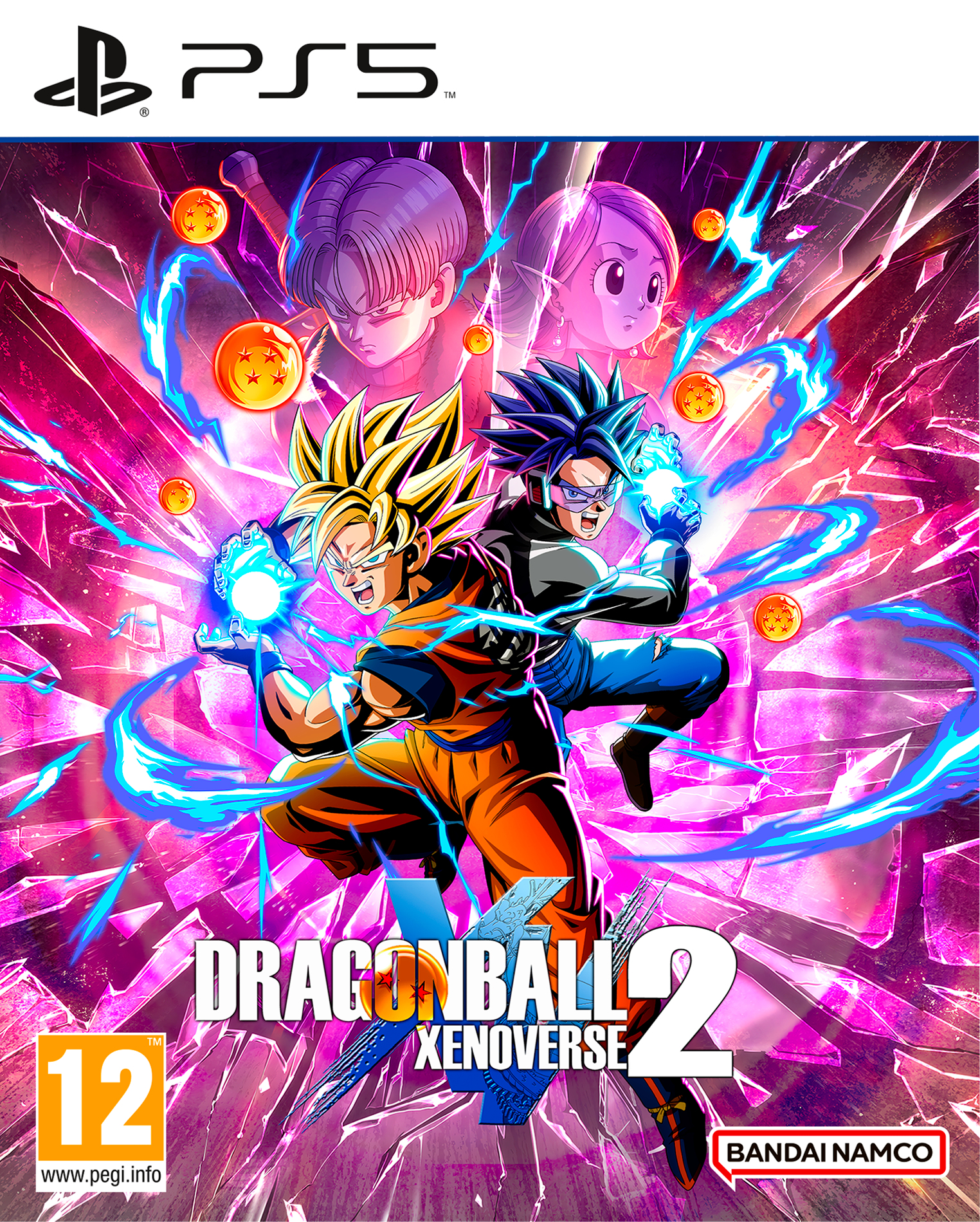 Okładka gry Dragon Ball Xenoverse 2. Pokazano Goku i Trunksa, z innymi postaciami w tle.