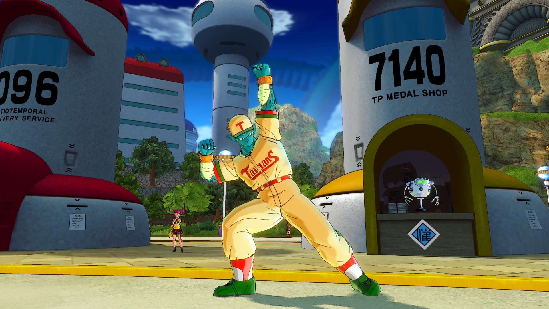 Postać w stroju baseballowym stoi przed budynkami z futurystycznym krajobrazem miejskim.