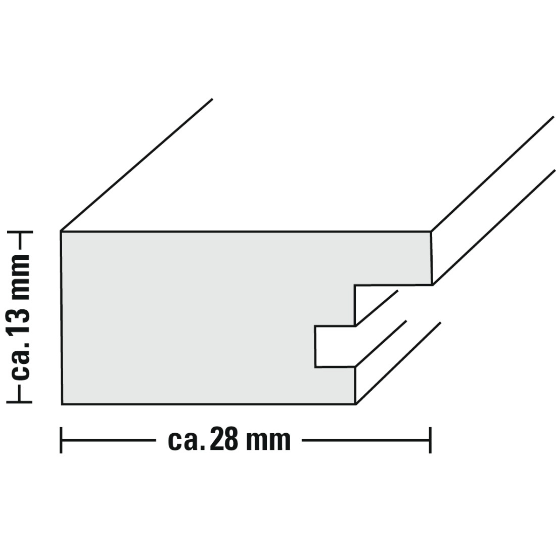 Nahaufnahme eines Holzrahmenprofils mit Abmessungen, das ein abgestuftes Design zeigt.