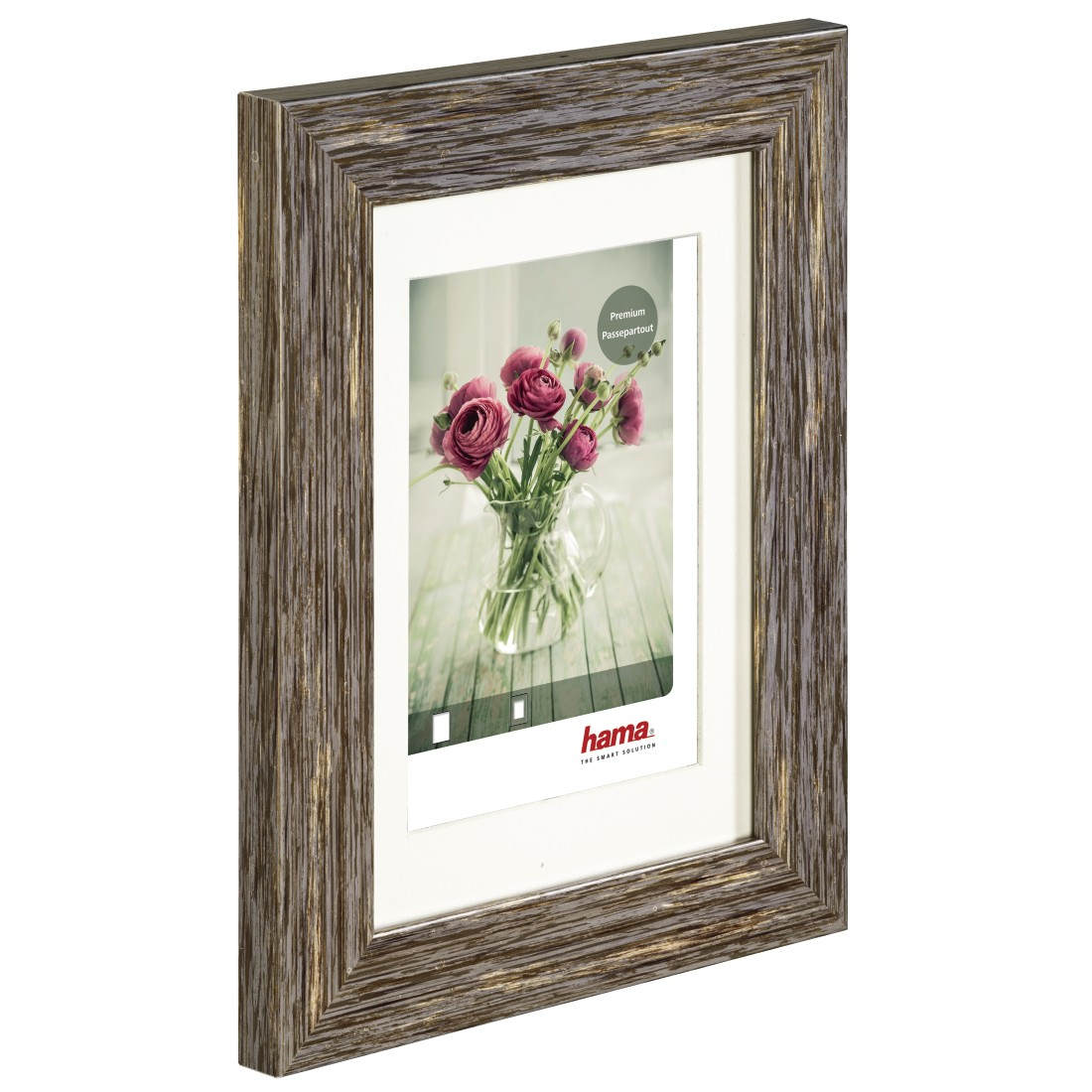 Ramka na zdjęcia ze zdjęciem wazonu z kwiatami na drewnianym stole.