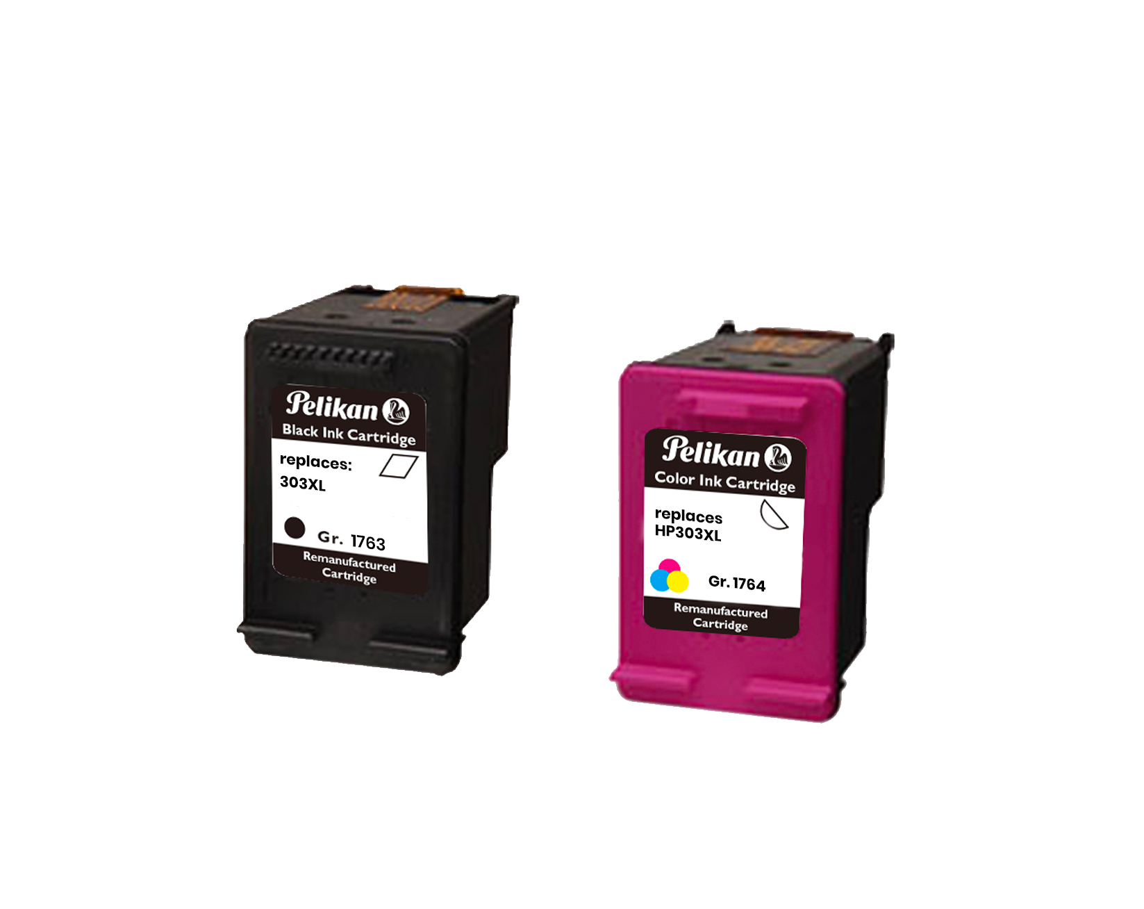 Due cartucce d'inchiostro, nera e rosa, con etichette e sfondo bianco.
