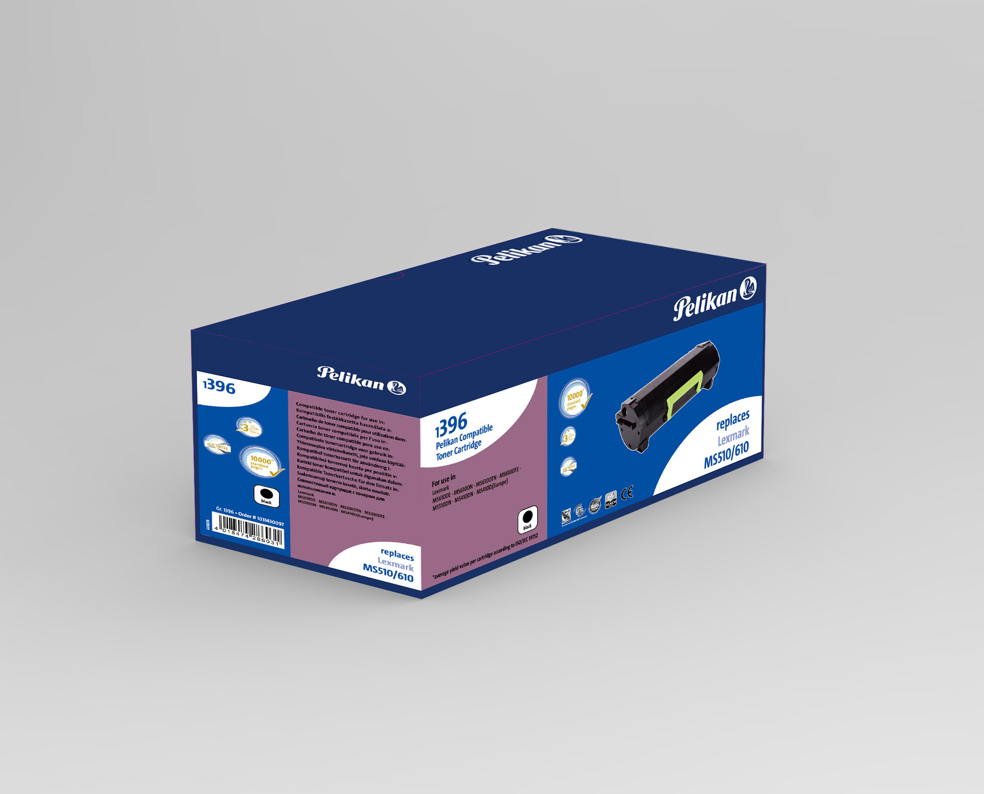 Una scatola di cartucce toner blu e viola con dettagli del prodotto e una cartuccia toner nera.