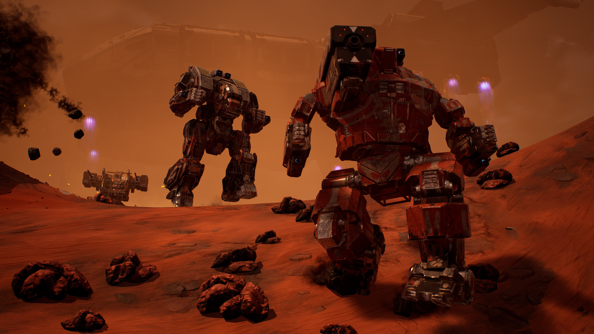 Science-Fiction-Kampfszene mit Mechs auf rotem Gelände, Staubwolken.